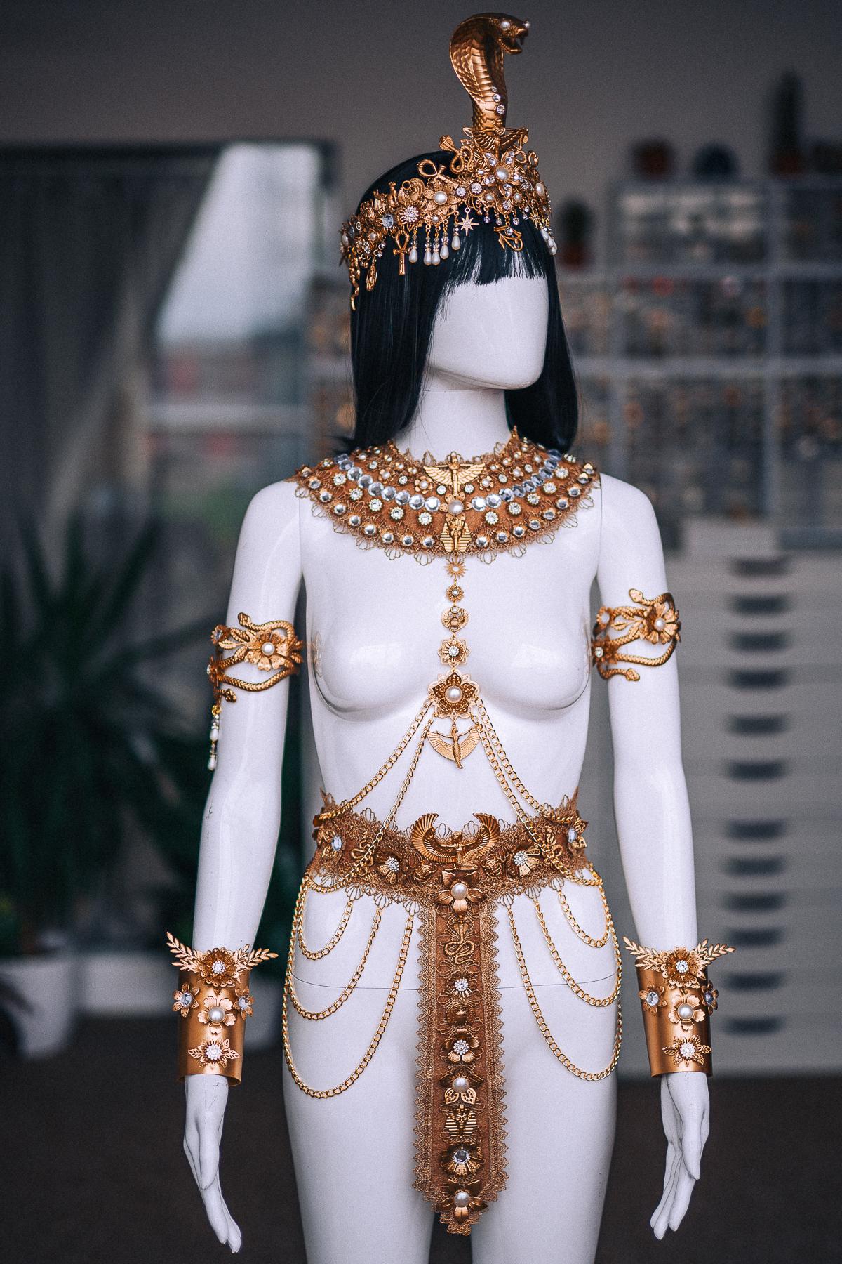 Cleopatra Pectoral Necklace, Gold Egyptian Collar, White Pearl Pharaoh Jewelry, Egyptian Queen Costume, Goddess Statement Necklace