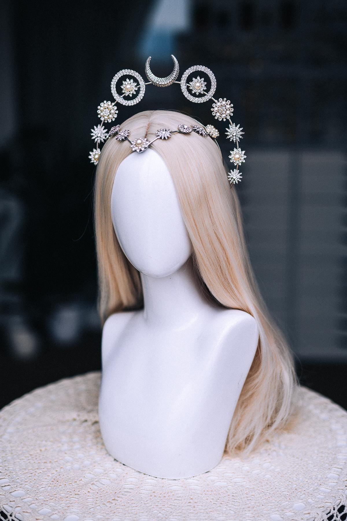 Silver Moon Halo Crown, Celestial Goddess Headpiece, Crystal Star Crown, Pearl Lunar Tiara, Celestial Wedding Headpiece