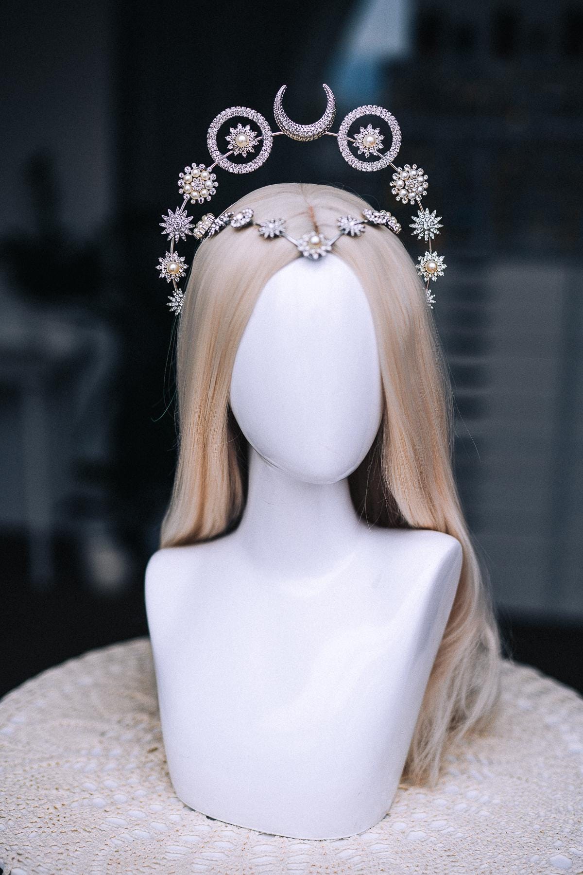 Silver Moon Halo Crown, Celestial Goddess Headpiece, Crystal Star Crown, Pearl Lunar Tiara, Celestial Wedding Headpiece