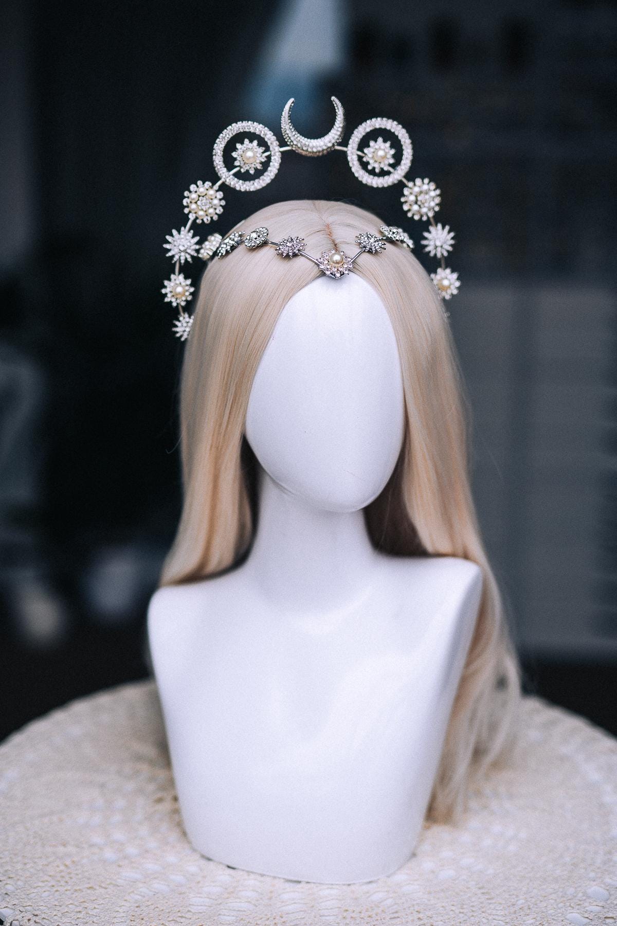 Silver Moon Halo Crown, Celestial Goddess Headpiece, Crystal Star Crown, Pearl Lunar Tiara, Celestial Wedding Headpiece