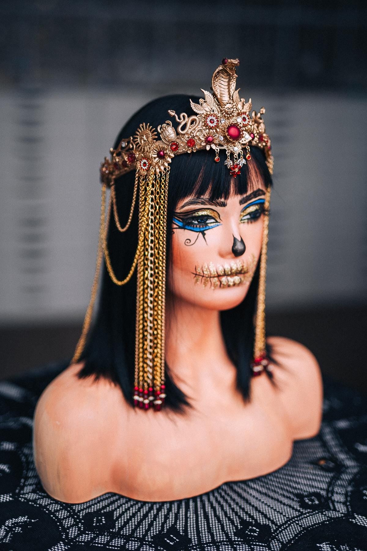 Gold Cleopatra Crown, Burgundy Red Egyptian Headpiece, Cobra Queen Crown, Egyptian Goddess Tiara, Pharaoh Costume Crown