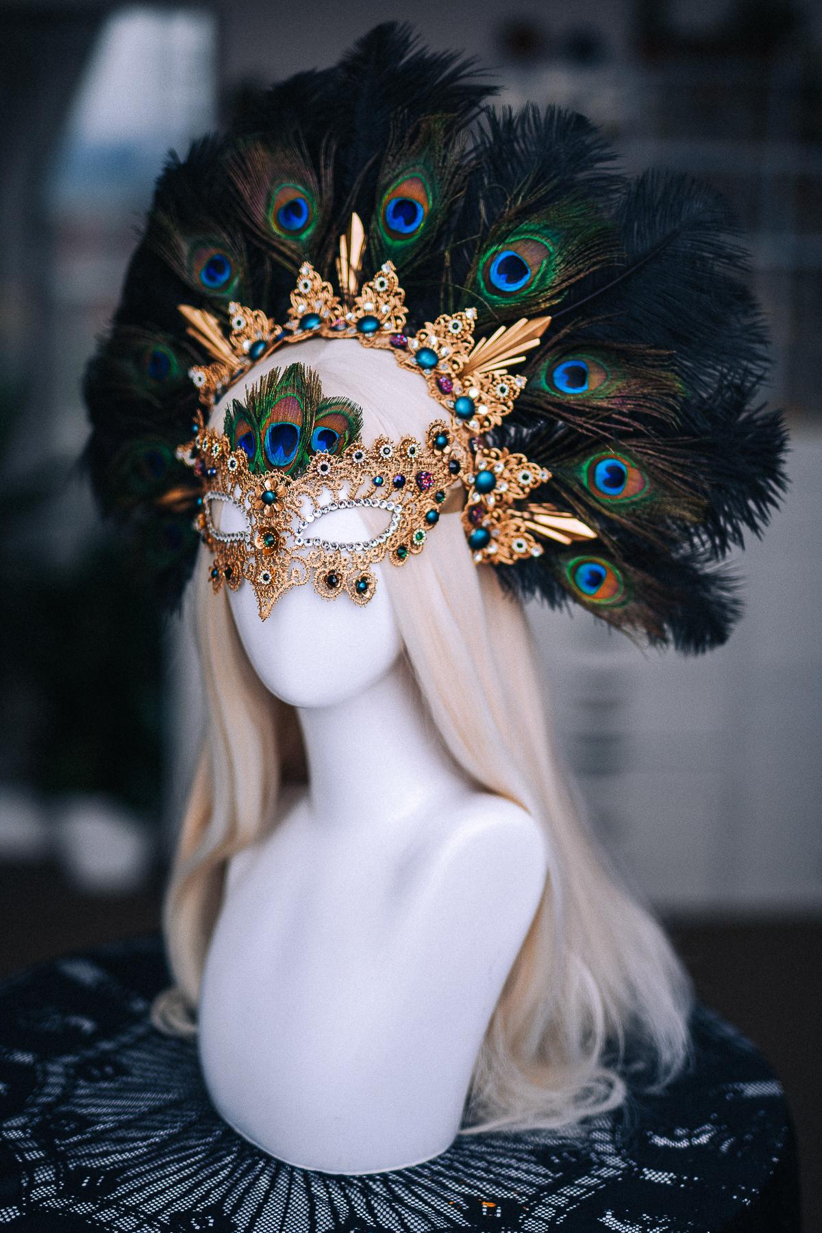Peacock Masquerade Mask, Gold Venetian Mask, Peacock Feather Mask, Baroque Carnival Mask, Fantasy Goddess Costume, Green Gold Mask