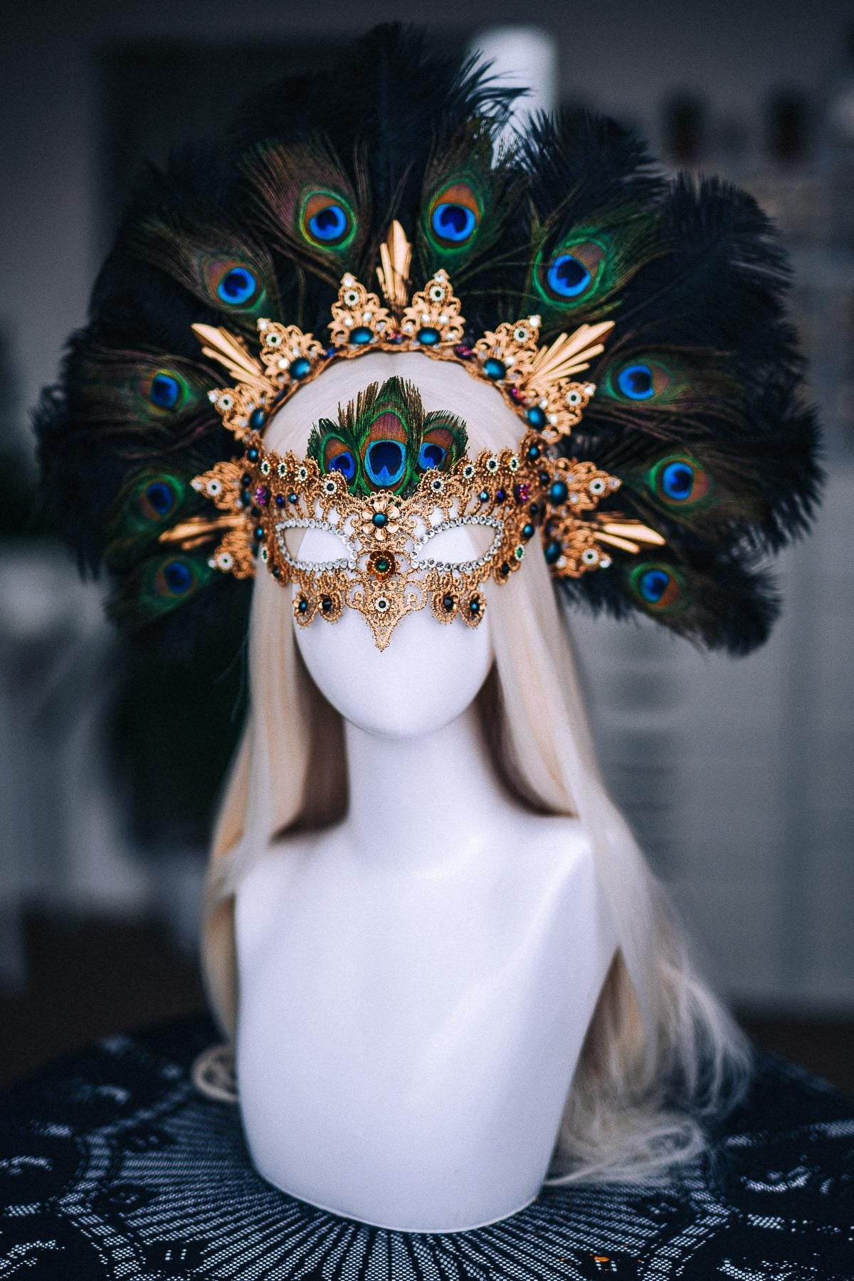 Peacock Masquerade Mask, Gold Venetian Mask, Peacock Feather Mask, Baroque Carnival Mask, Fantasy Goddess Costume, Green Gold Mask