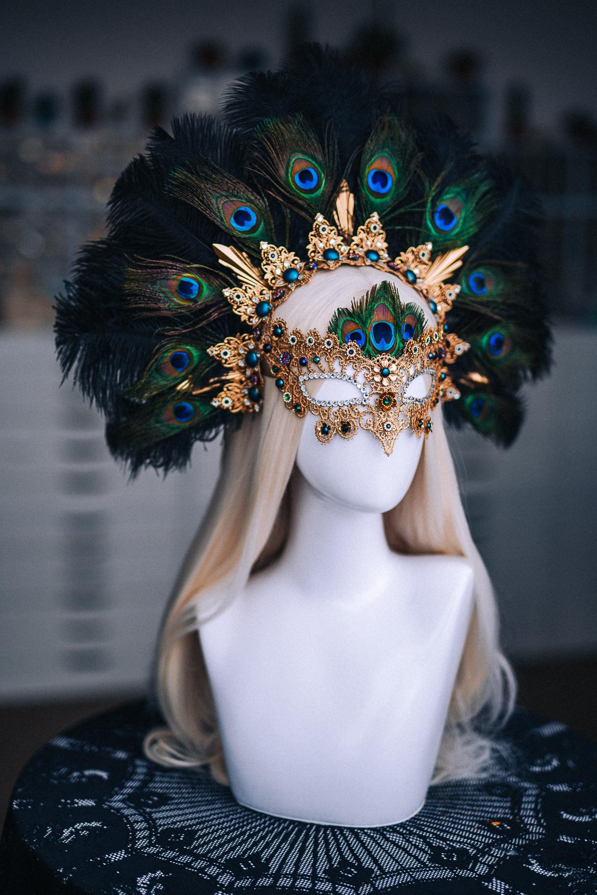 Peacock Feather Crown, Gold Masquerade Crown, Venetian Carnival Headpiece, Baroque Fantasy Crown, Peacock Goddess Headdress