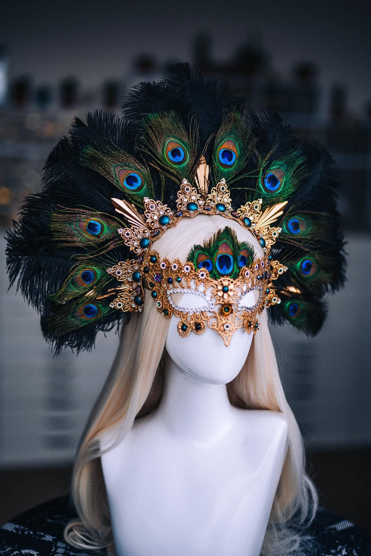Peacock Feather Crown, Gold Masquerade Crown, Venetian Carnival Headpiece, Baroque Fantasy Crown, Peacock Goddess Headdress