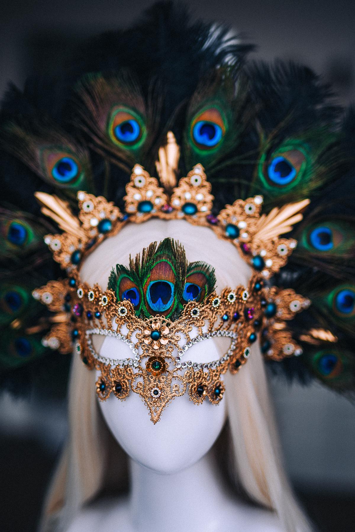 Peacock Feather Crown, Gold Masquerade Crown, Venetian Carnival Headpiece, Baroque Fantasy Crown, Peacock Goddess Headdress