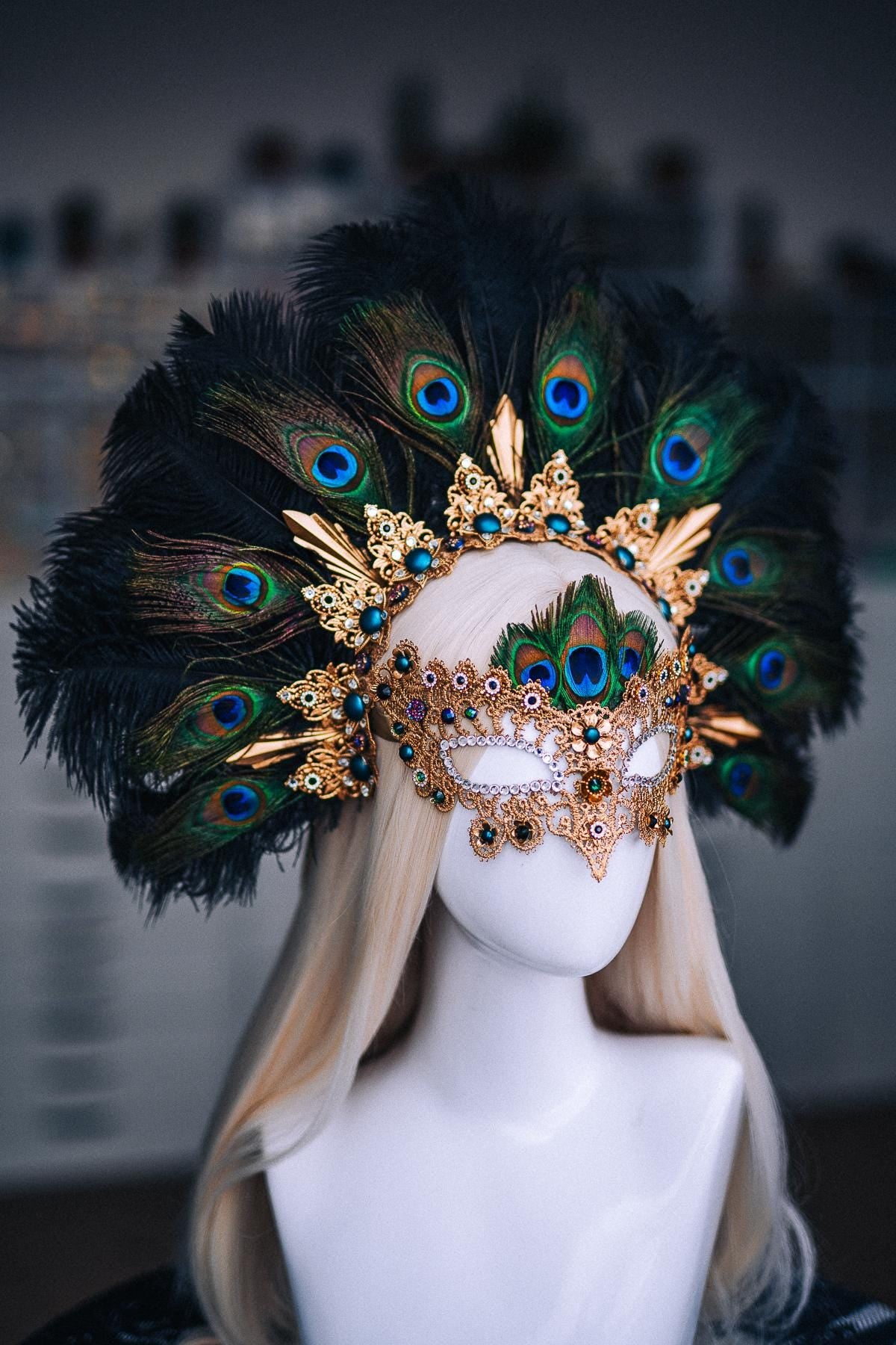 Peacock Feather Crown, Gold Masquerade Crown, Venetian Carnival Headpiece, Baroque Fantasy Crown, Peacock Goddess Headdress