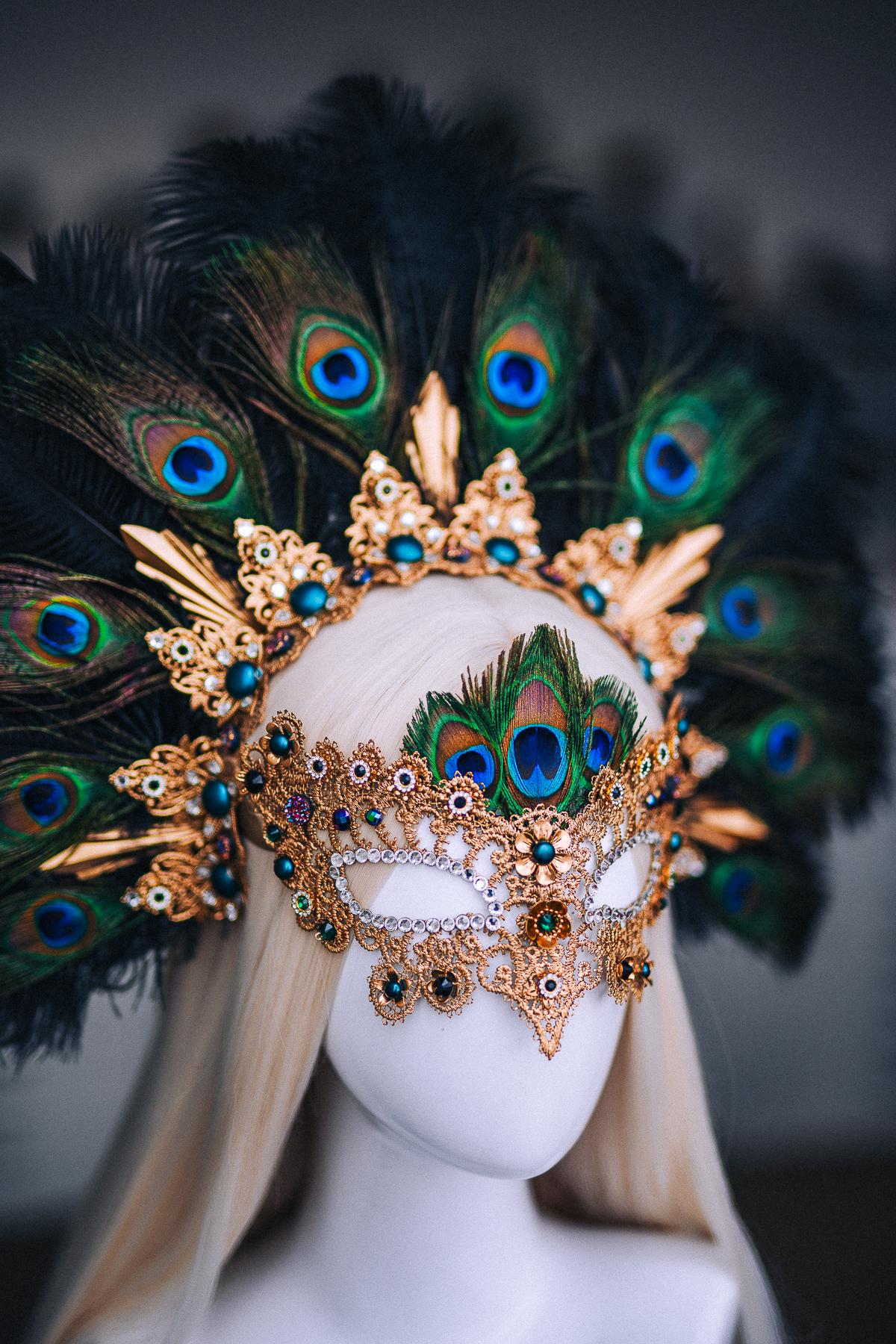 Peacock Feather Crown, Gold Masquerade Crown, Venetian Carnival Headpiece, Baroque Fantasy Crown, Peacock Goddess Headdress