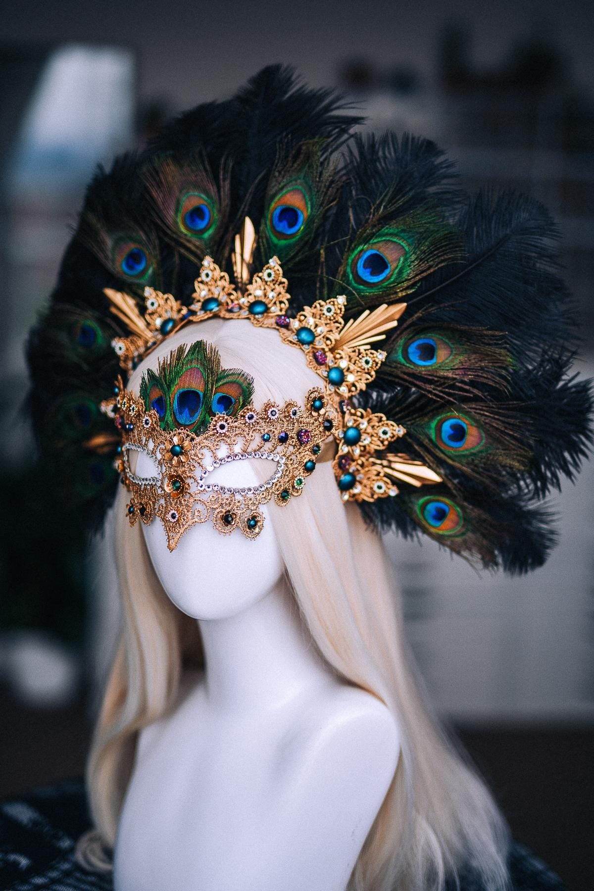Peacock Feather Crown, Gold Masquerade Crown, Venetian Carnival Headpiece, Baroque Fantasy Crown, Peacock Goddess Headdress