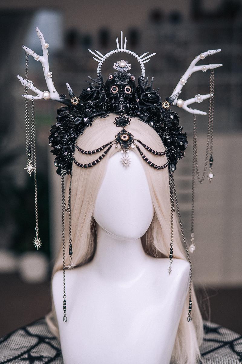 Black White Deer Antler Crown, Gothic Witch Skull Crown, Dark Fantasy Halo Headpiece, Halloween Crown, Witch Costume Headdress