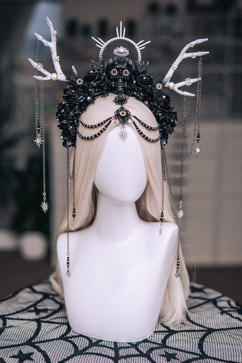 Black White Deer Antler Crown, Gothic Witch Skull Crown, Dark Fantasy Halo Headpiece, Halloween Crown, Witch Costume Headdress