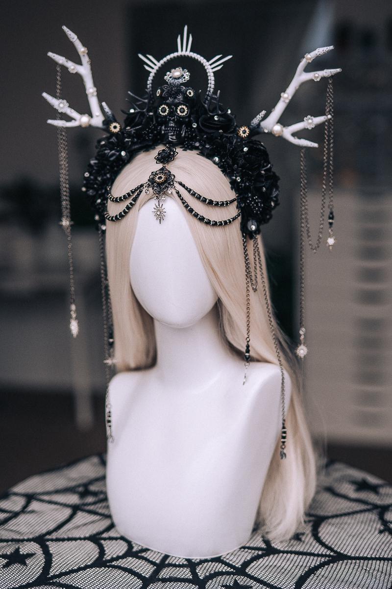 Black White Deer Antler Crown, Gothic Witch Skull Crown, Dark Fantasy Halo Headpiece, Halloween Crown, Witch Costume Headdress