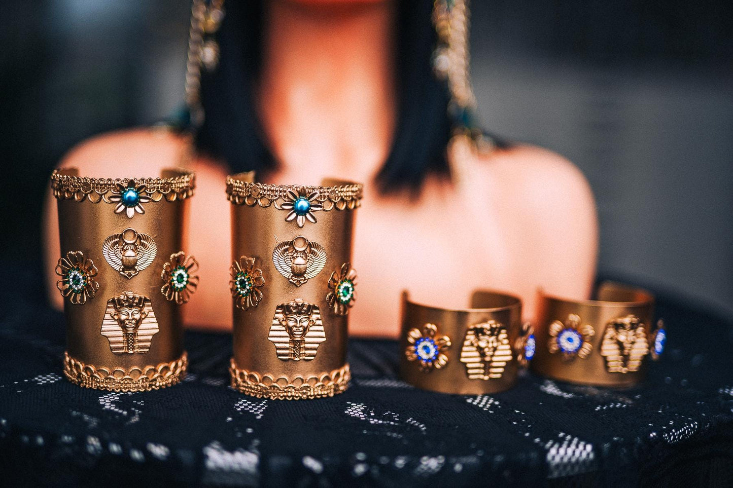Cleopatra Wrist Cuffs Pair, Egyptian Gold Bracelets, Egyptian Queen Jewelry, Cleopatra Costume Accessories
