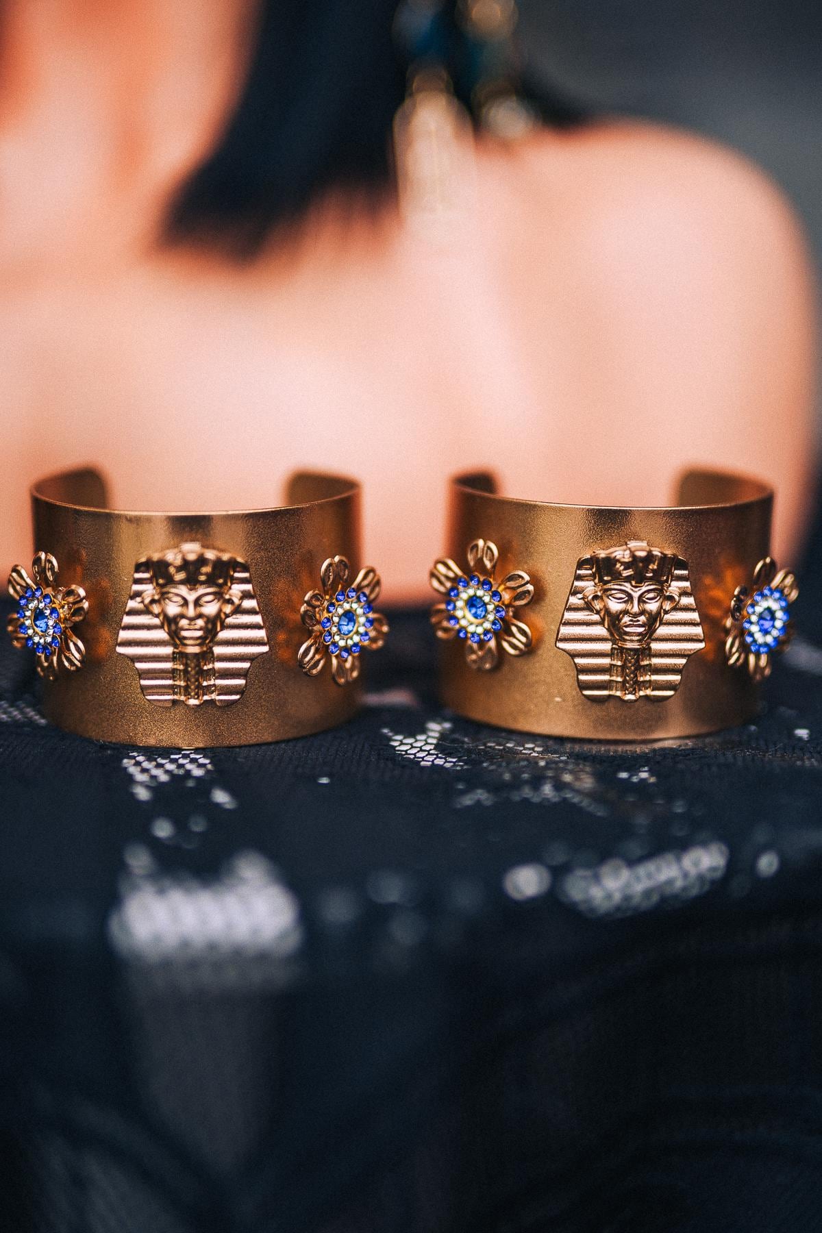 Cleopatra Upper Arm Cuffs, Egyptian Arm Bands, Gold Pharaoh Jewelry, Blue Green Goddess Cuffs, Egyptian Costume Accessories