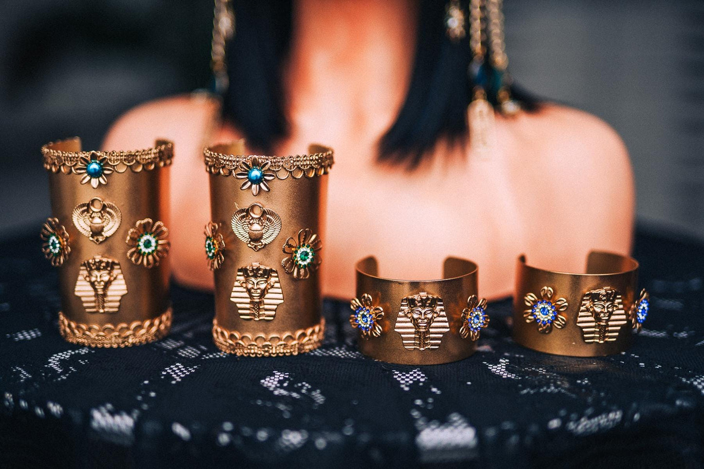 Cleopatra Upper Arm Cuffs, Egyptian Arm Bands, Gold Pharaoh Jewelry, Blue Green Goddess Cuffs, Egyptian Costume Accessories