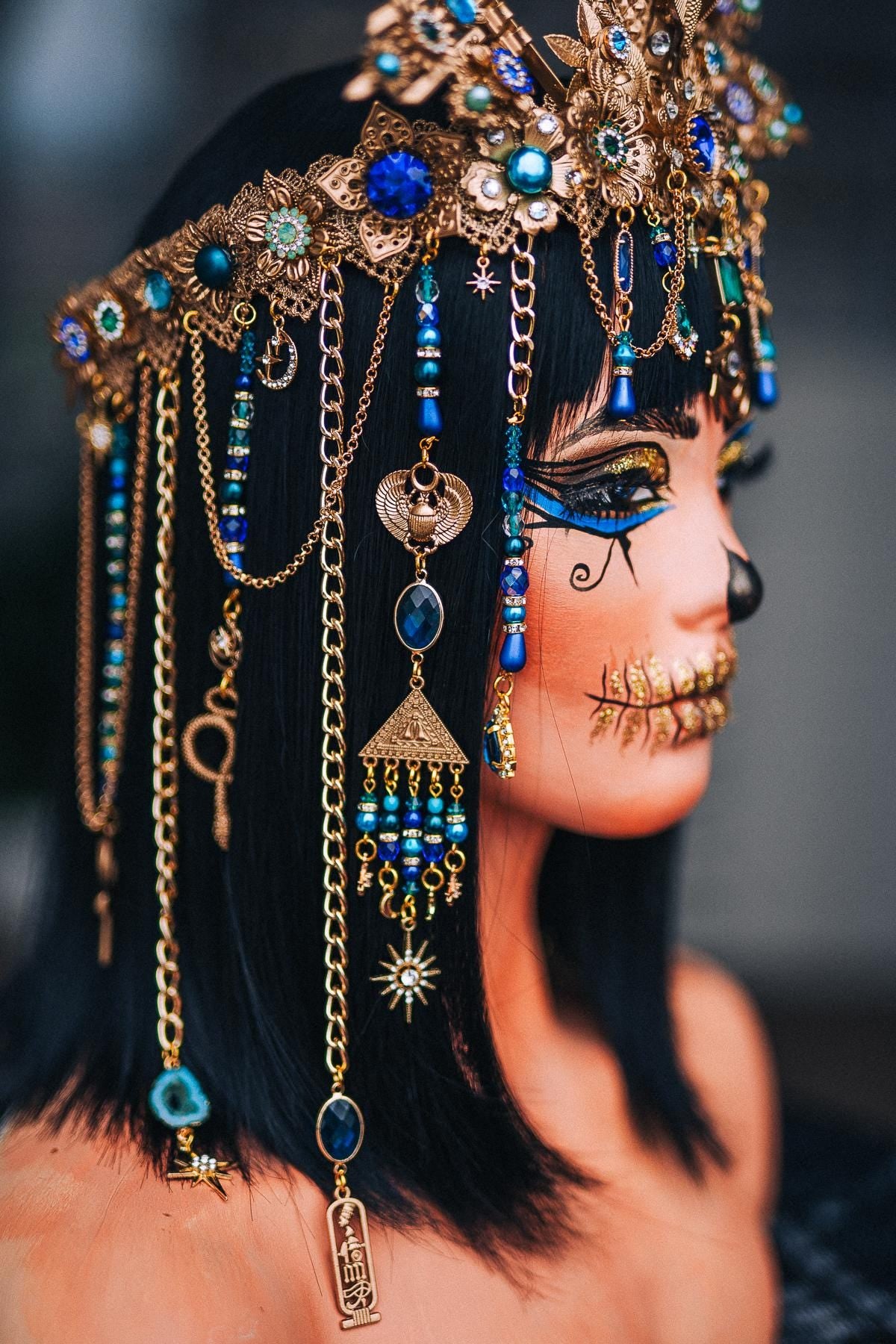 Cleopatra Upper Arm Cuffs, Egyptian Arm Bands, Gold Pharaoh Jewelry, Blue Green Goddess Cuffs, Egyptian Costume Accessories