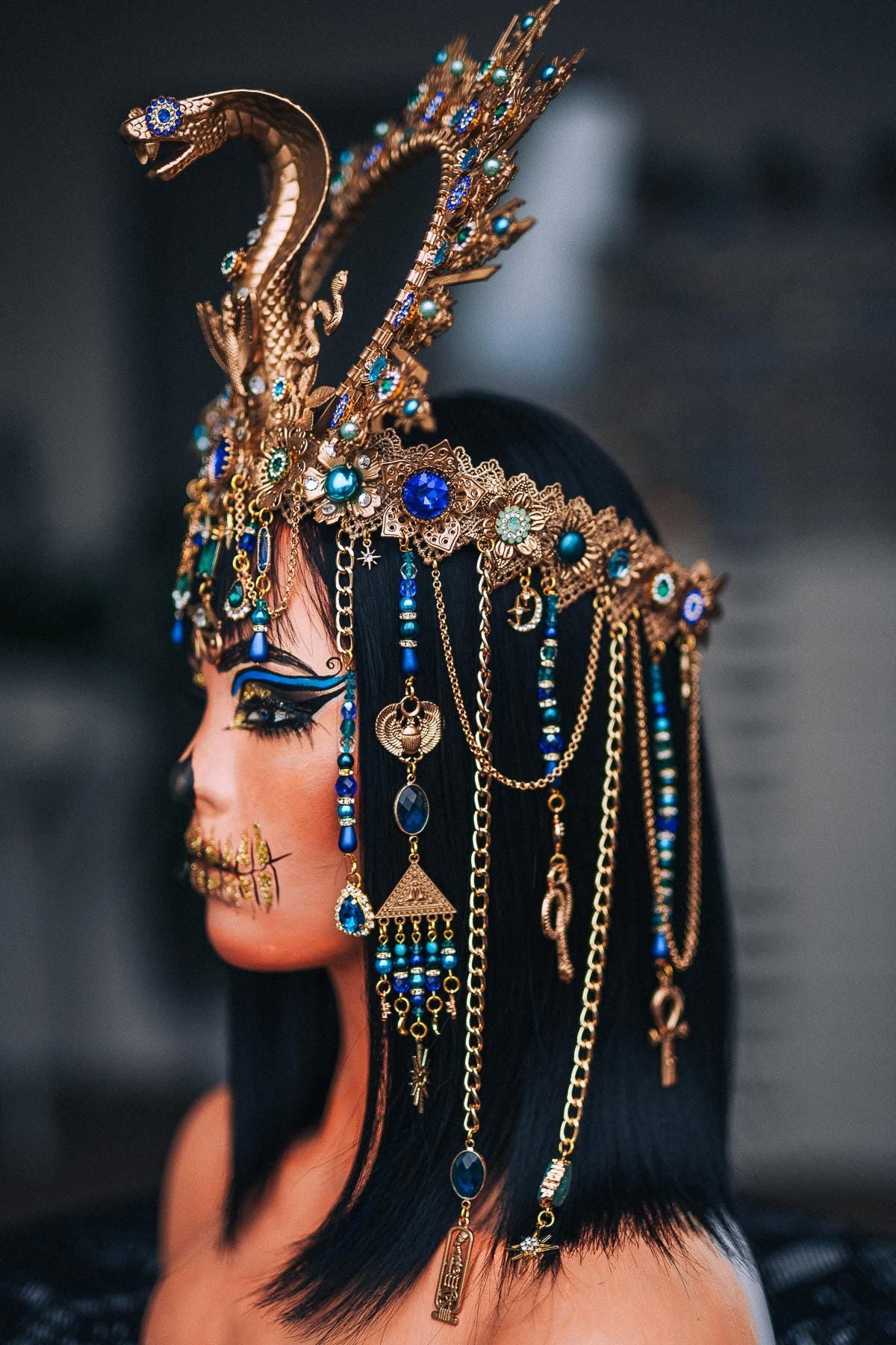 Cleopatra Upper Arm Cuffs, Egyptian Arm Bands, Gold Pharaoh Jewelry, Blue Green Goddess Cuffs, Egyptian Costume Accessories
