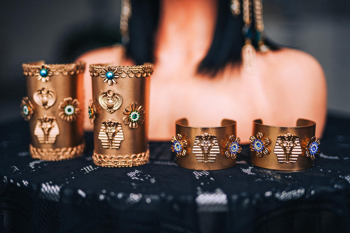 Cleopatra Upper Arm Cuffs, Egyptian Arm Bands, Gold Pharaoh Jewelry, Blue Green Goddess Cuffs, Egyptian Costume Accessories