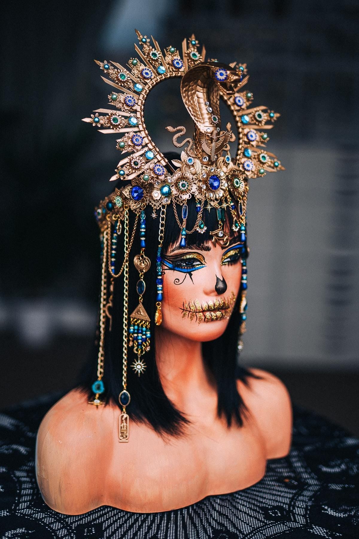 Cleopatra Cobra Crown, Egyptian Halo Crown, Gold Pharaoh Headpiece, Blue Green Goddess Headdress, Egyptian Queen Costume Crown