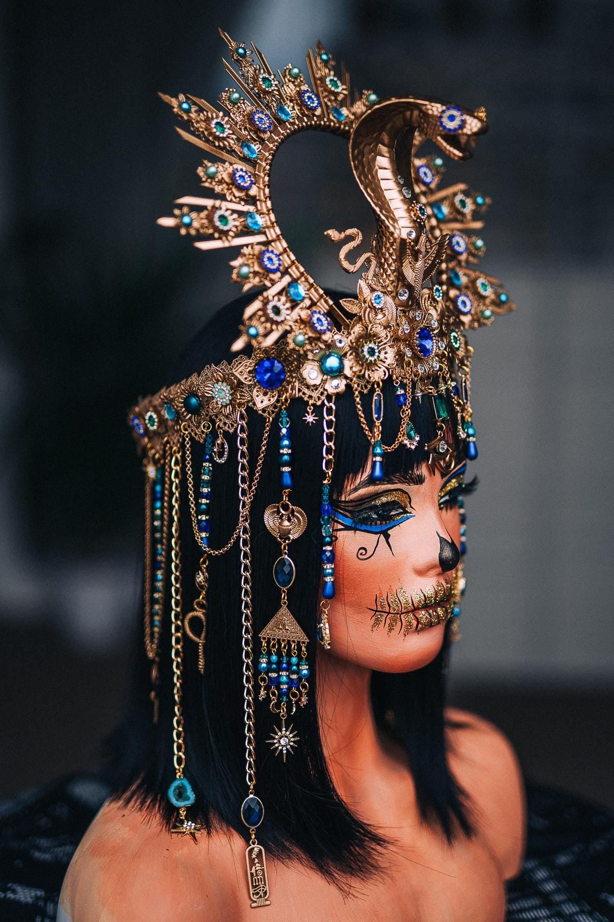 Cleopatra Cobra Crown, Egyptian Halo Crown, Gold Pharaoh Headpiece, Blue Green Goddess Headdress, Egyptian Queen Costume Crown