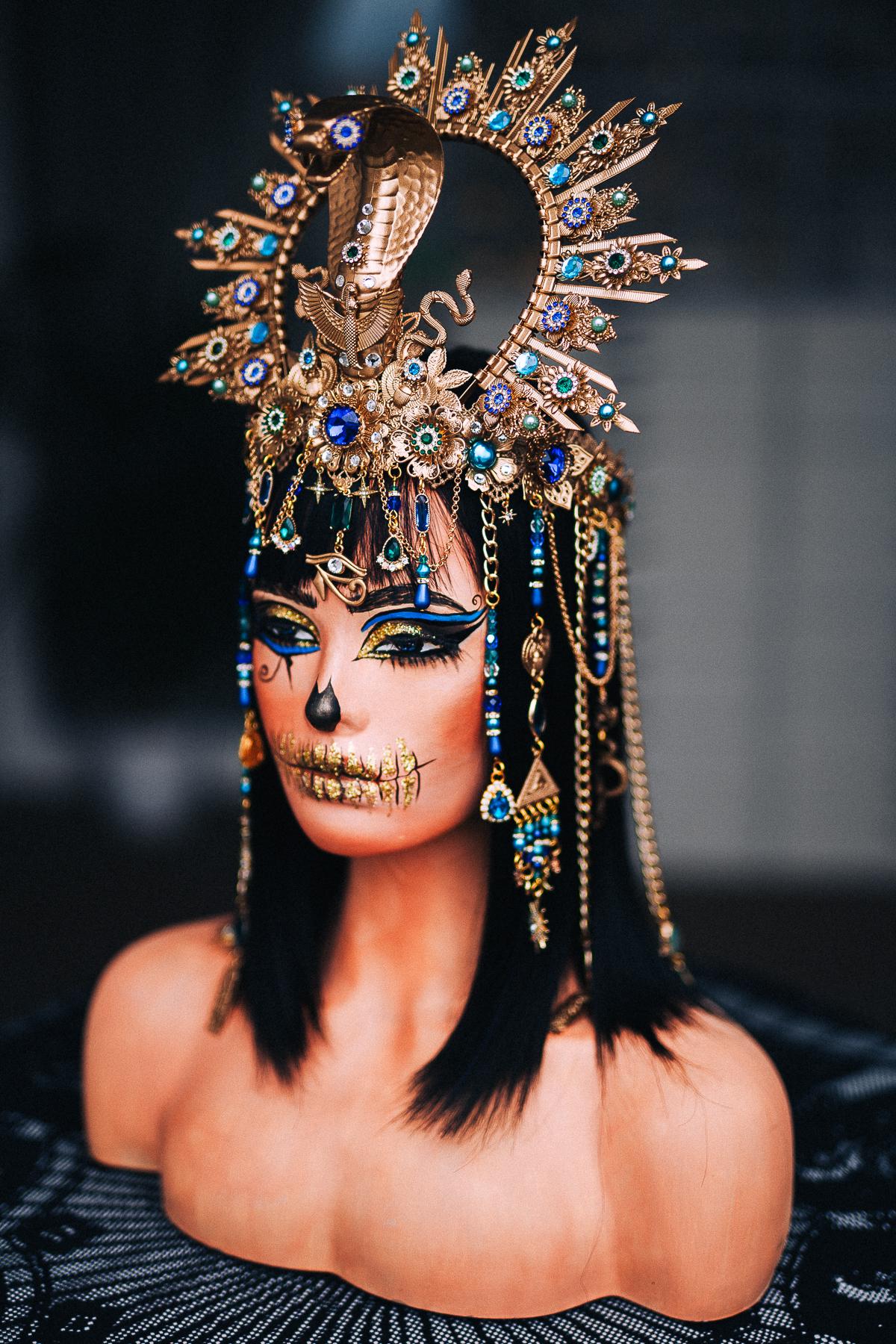 Cleopatra Cobra Crown, Egyptian Halo Crown, Gold Pharaoh Headpiece, Blue Green Goddess Headdress, Egyptian Queen Costume Crown