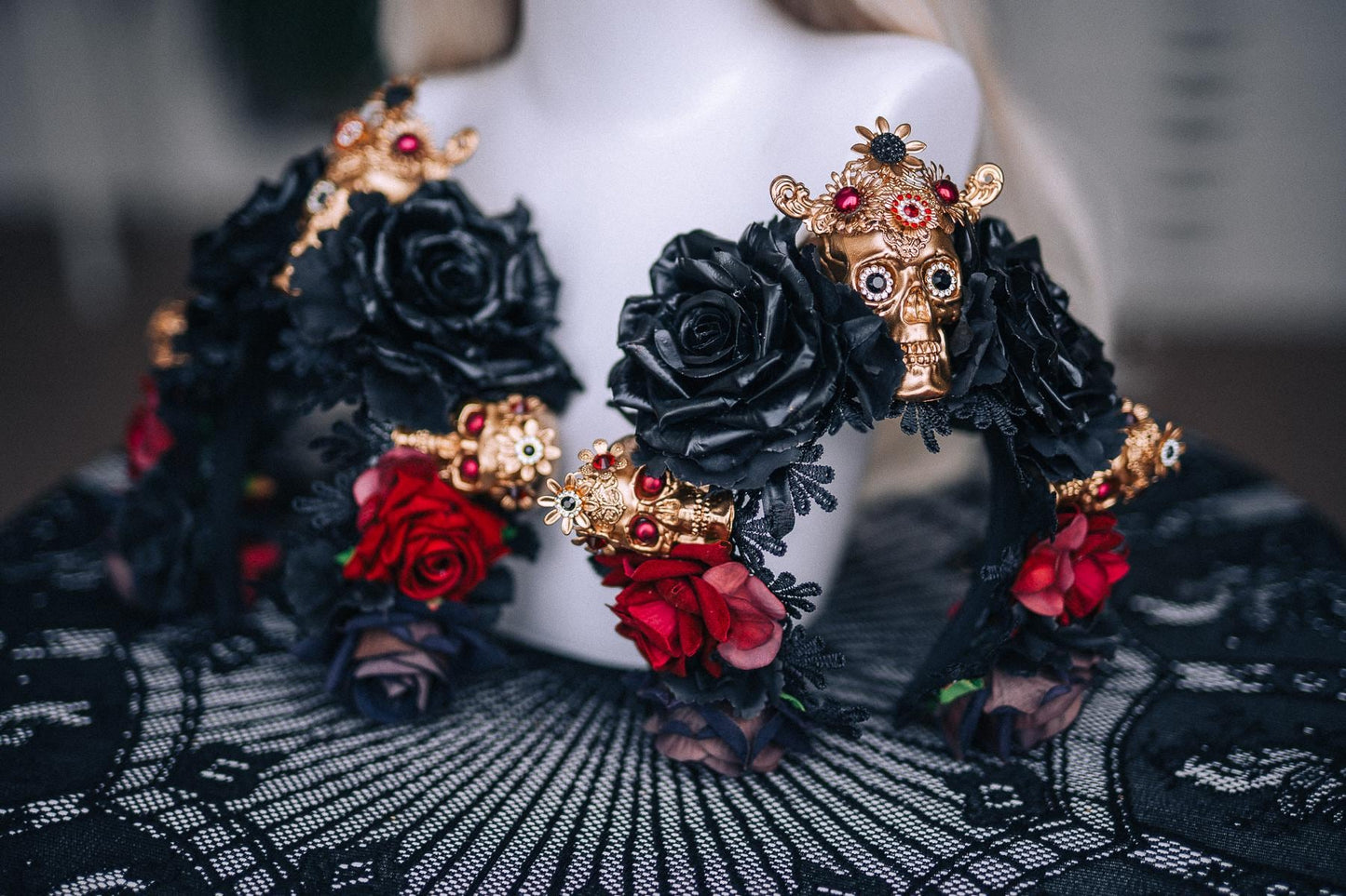 La Catrina Crown, Pink Black Rose Crown, Dia de los Muertos Headpiece, Gold Skull Flower Crown, Catrina Headpiece