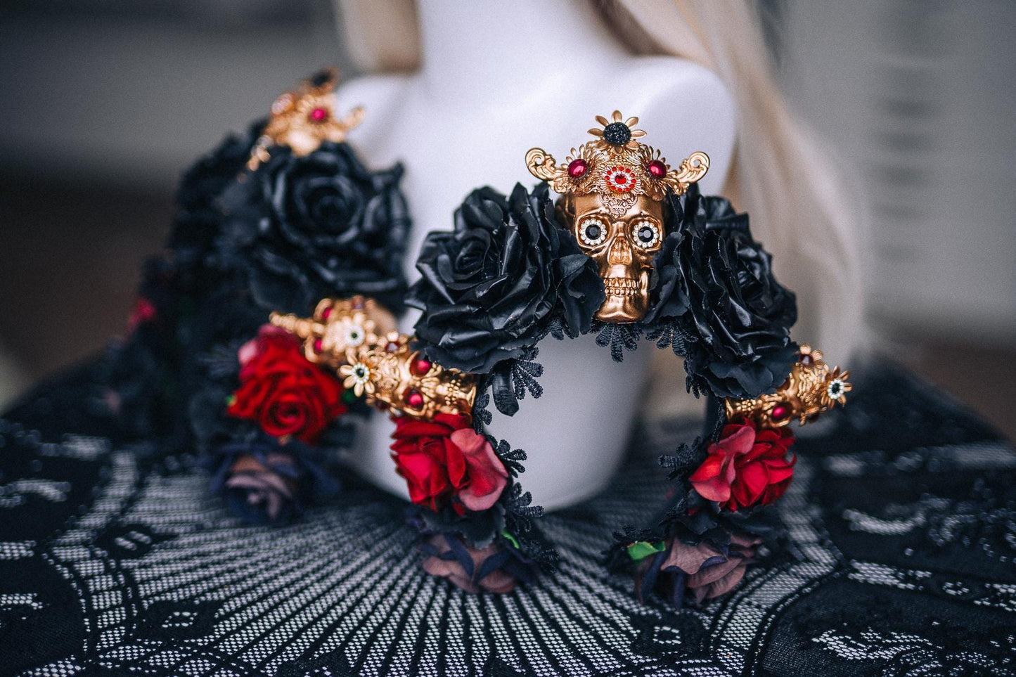 La Catrina Crown, Pink Black Rose Crown, Dia de los Muertos Headpiece, Gold Skull Flower Crown, Catrina Headpiece