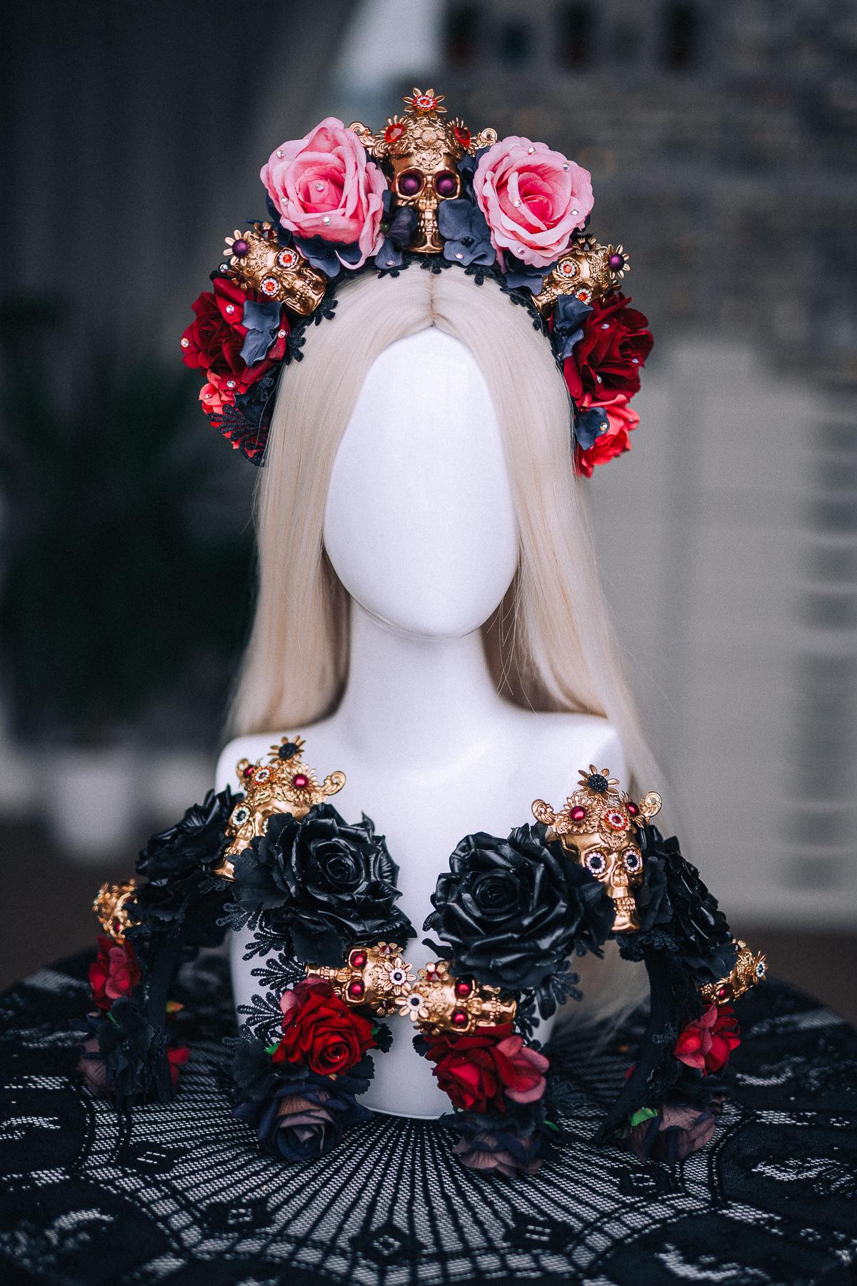 La Catrina Crown, Pink Black Rose Crown, Dia de los Muertos Headpiece, Gold Skull Flower Crown, Catrina Headpiece