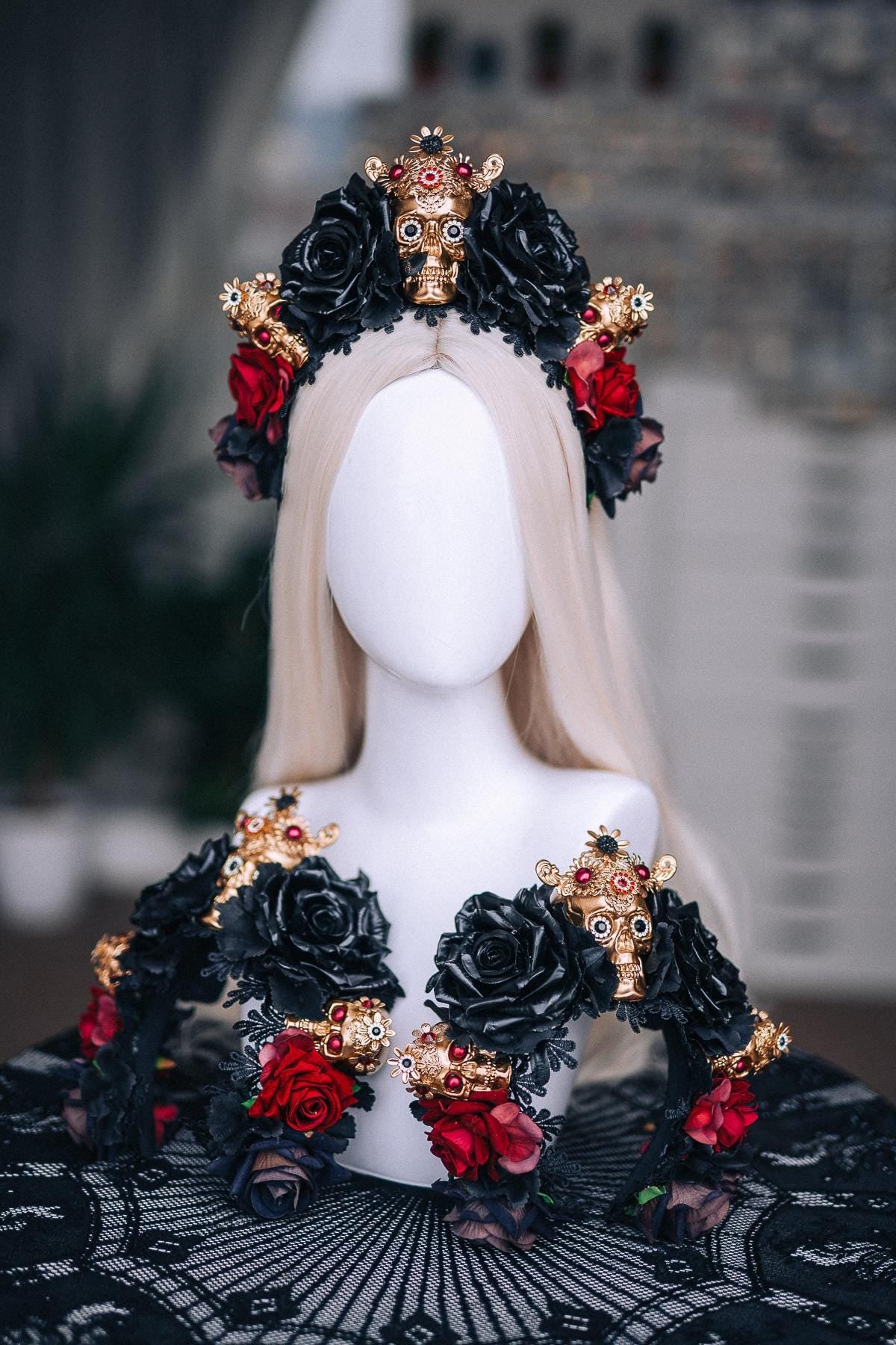 La Catrina Crown, Pink Black Rose Crown, Dia de los Muertos Headpiece, Gold Skull Flower Crown, Catrina Headpiece
