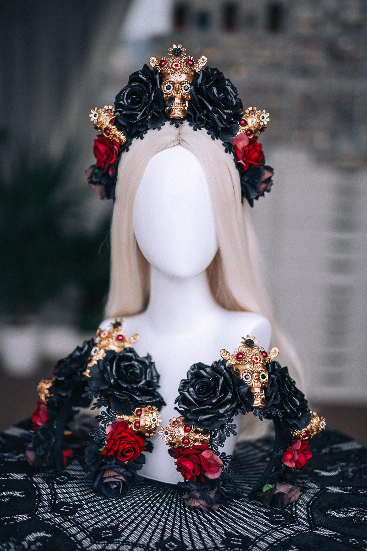 La Catrina Crown, Pink Black Rose Crown, Dia de los Muertos Headpiece, Gold Skull Flower Crown, Catrina Headpiece