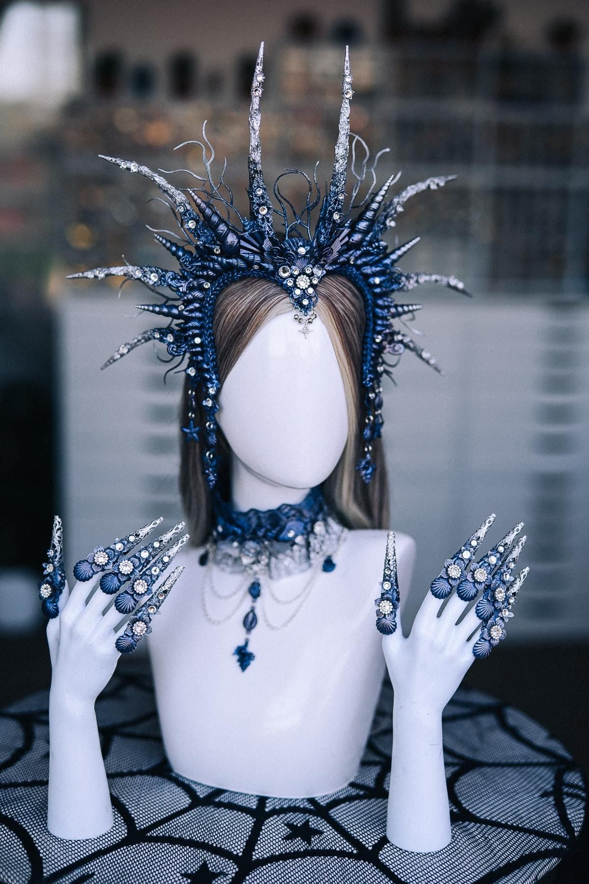Dark Siren Finger Claws, Mermaid Costume Nails, Blue Silver Ocean Queen Claws, Sea Witch Jewelry, Fantasy Hand Accessories