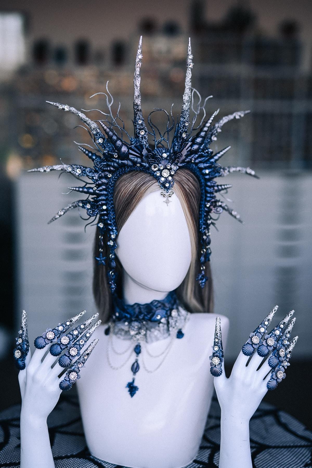 Dark Siren Finger Claws, Mermaid Costume Nails, Blue Silver Ocean Queen Claws, Sea Witch Jewelry, Fantasy Hand Accessories