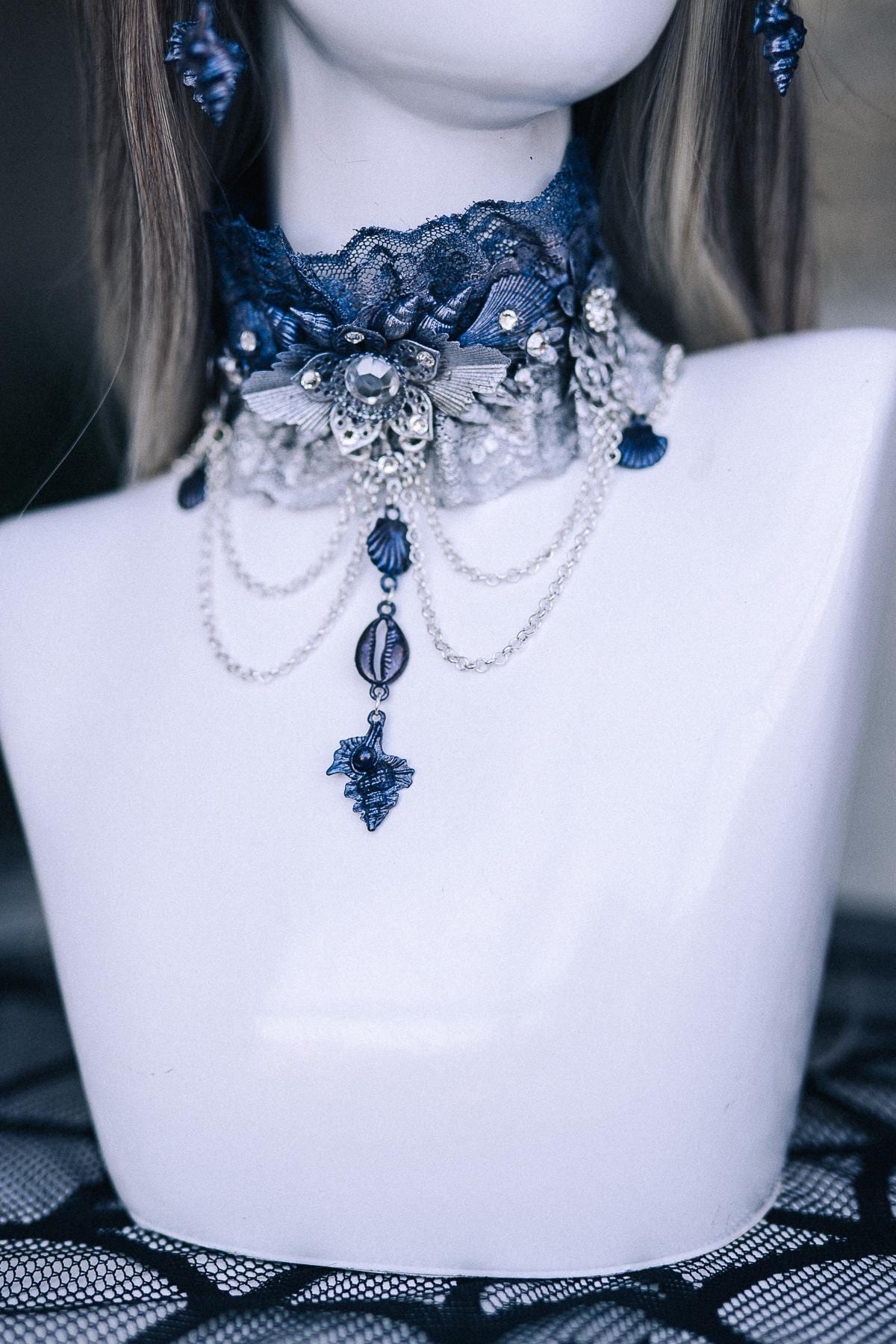 Dark Siren Earrings, Mermaid Earrings, Blue Silver Shell Jewelry, Sea Witch Earrings, Ocean Queen Fantasy Costume Accessories