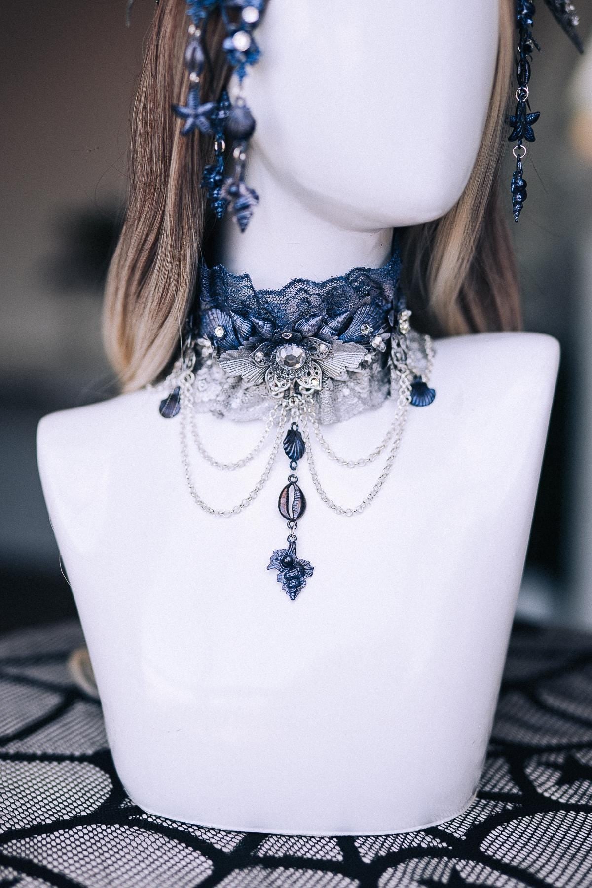 Dark Siren Earrings, Mermaid Earrings, Blue Silver Shell Jewelry, Sea Witch Earrings, Ocean Queen Fantasy Costume Accessories