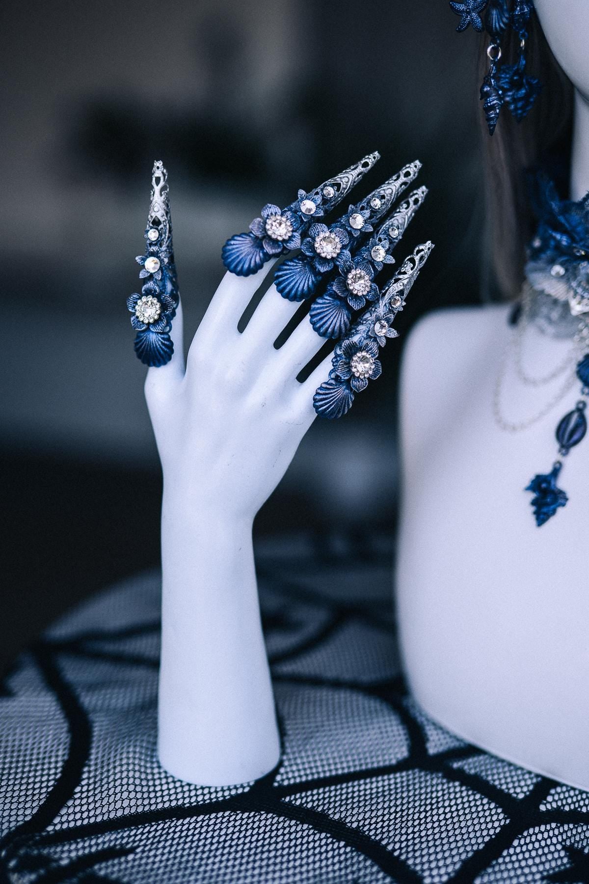 Dark Siren Earrings, Mermaid Earrings, Blue Silver Shell Jewelry, Sea Witch Earrings, Ocean Queen Fantasy Costume Accessories
