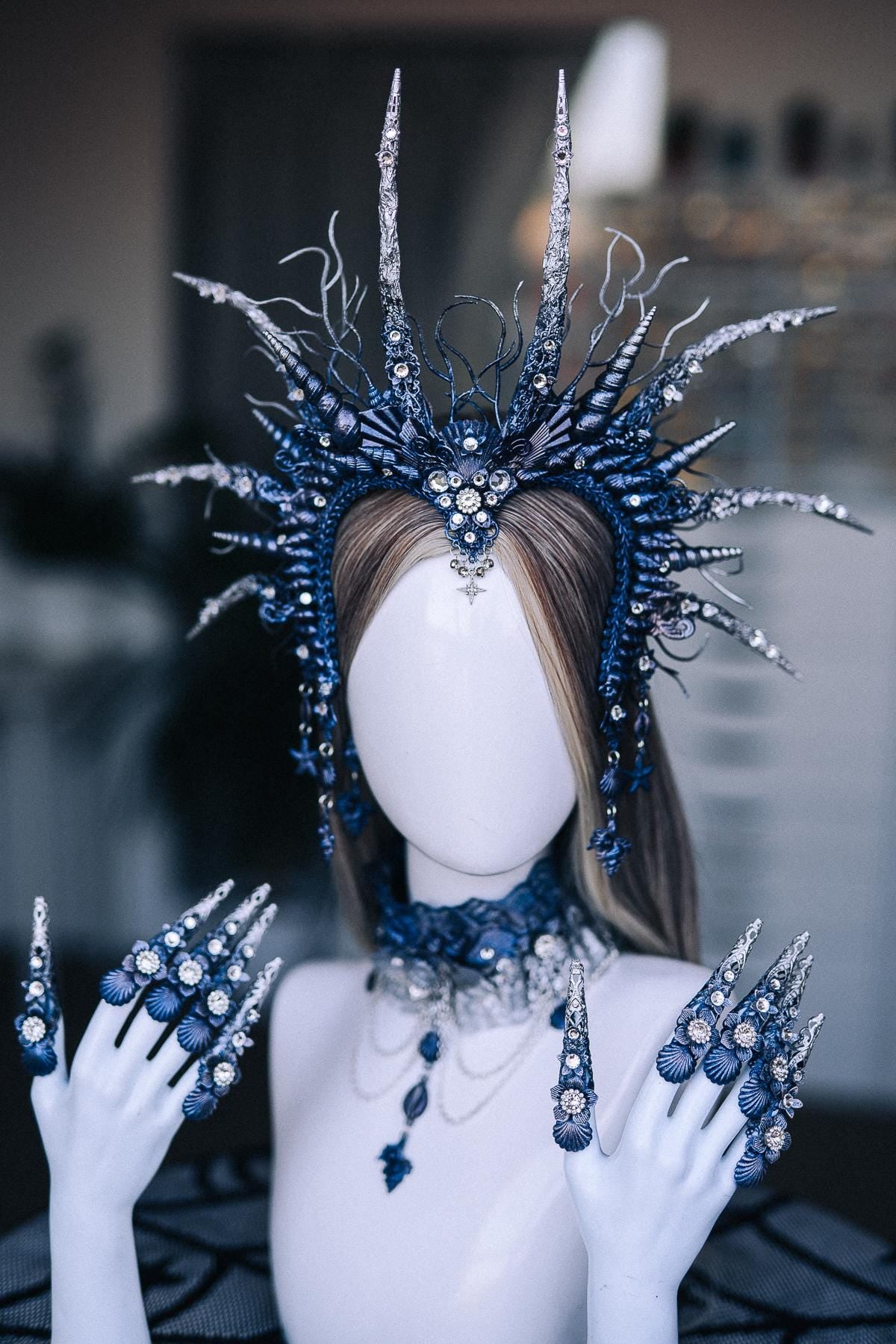 Dark Siren Headpiece, Mermaid Crown, Blue Silver Ocean Queen Headdress, Sea Witch Crown, Fantasy Mermaid Costume Headpiece