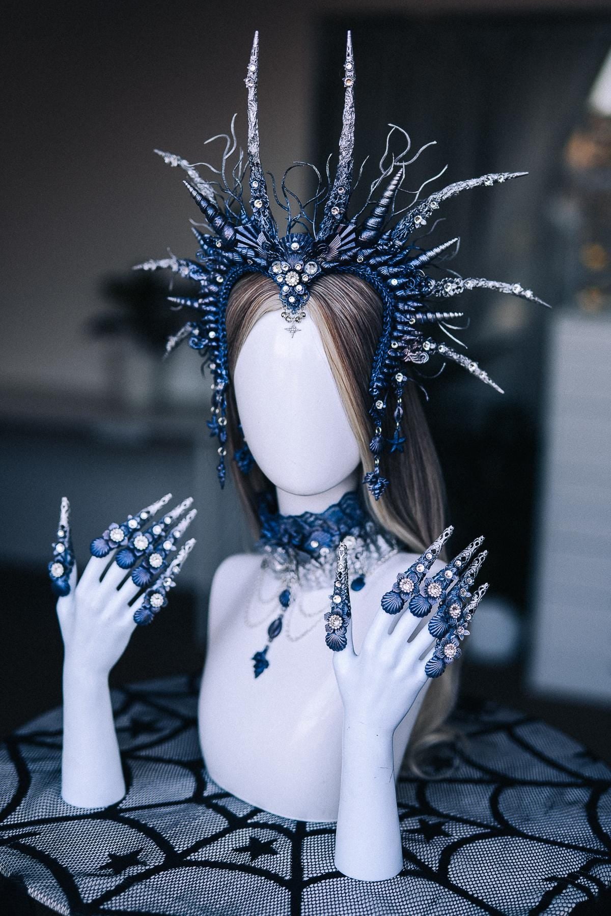 Dark Siren Headpiece, Mermaid Crown, Blue Silver Ocean Queen Headdress, Sea Witch Crown, Fantasy Mermaid Costume Headpiece