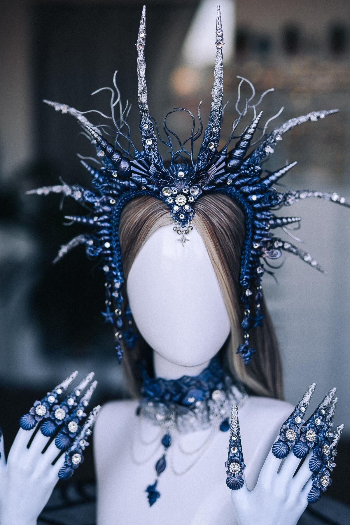 Dark Siren Headpiece, Mermaid Crown, Blue Silver Ocean Queen Headdress, Sea Witch Crown, Fantasy Mermaid Costume Headpiece