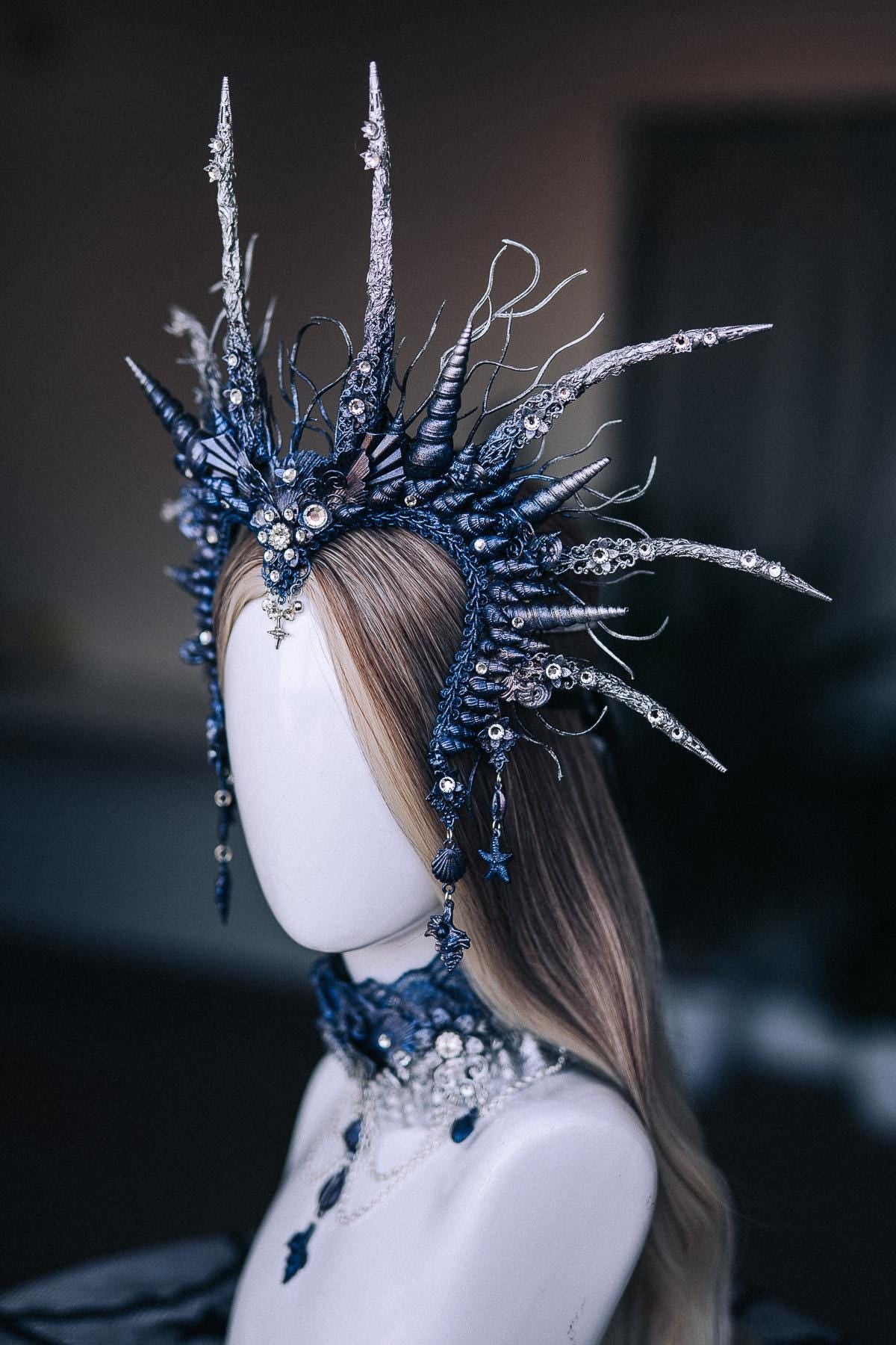 Dark Siren Headpiece, Mermaid Crown, Blue Silver Ocean Queen Headdress, Sea Witch Crown, Fantasy Mermaid Costume Headpiece