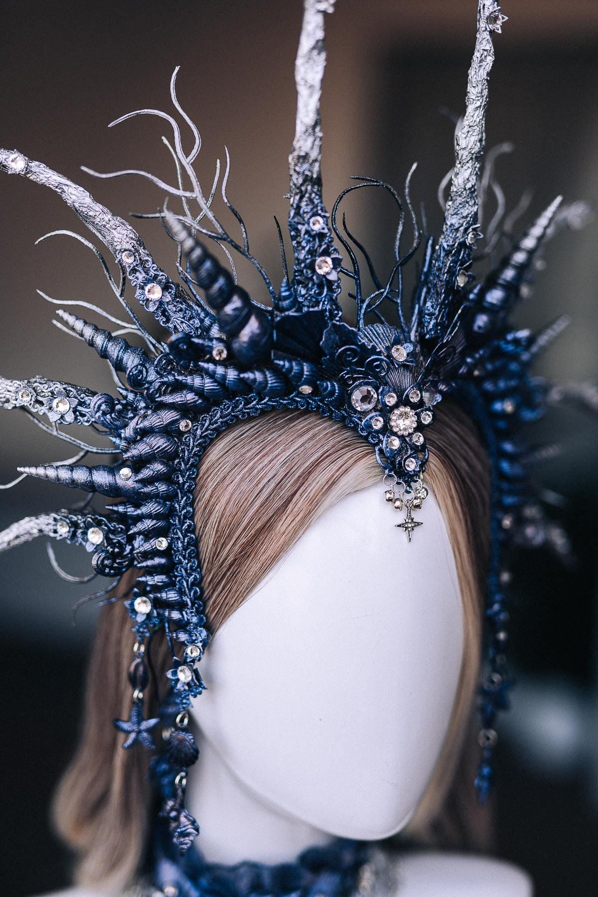 Dark Siren Headpiece, Mermaid Crown, Blue Silver Ocean Queen Headdress, Sea Witch Crown, Fantasy Mermaid Costume Headpiece