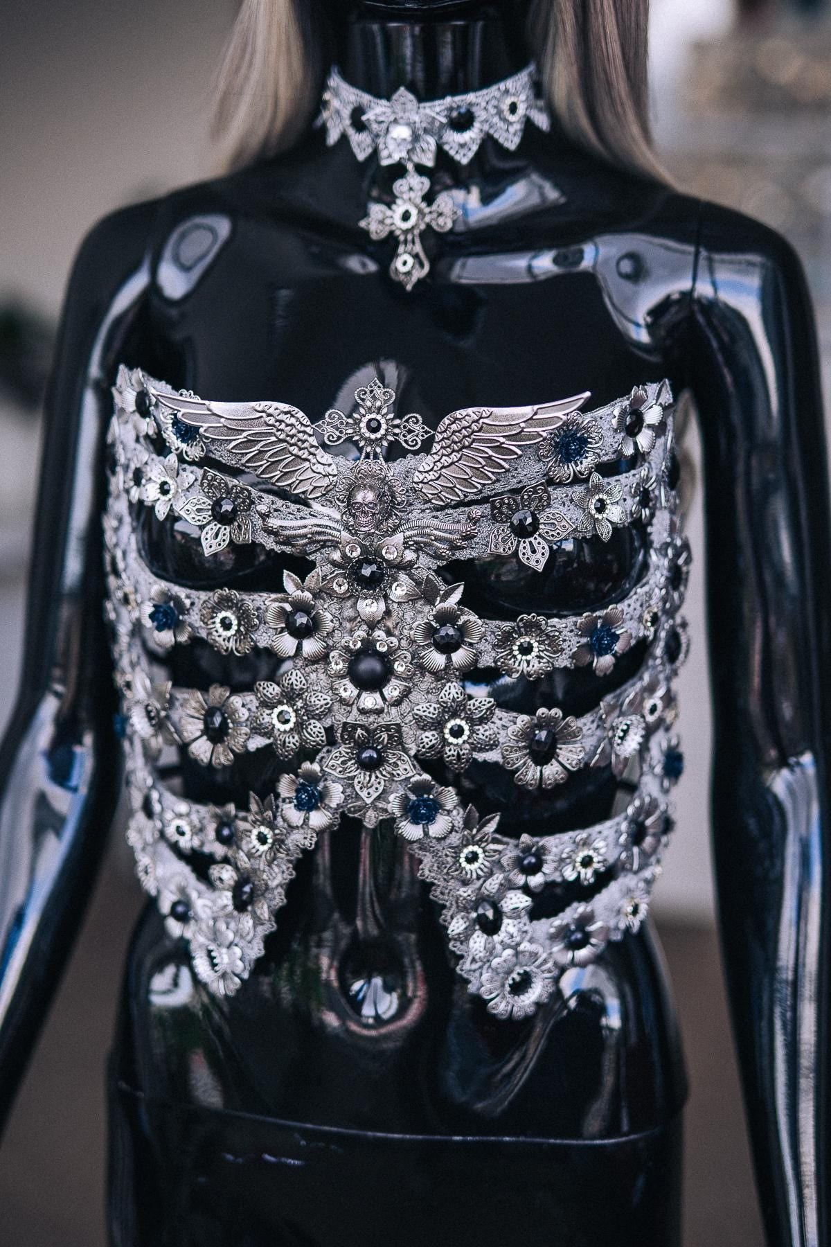 Fallen Angel Choker Necklace, Silver Black Gothic Collar with Cross Pendant