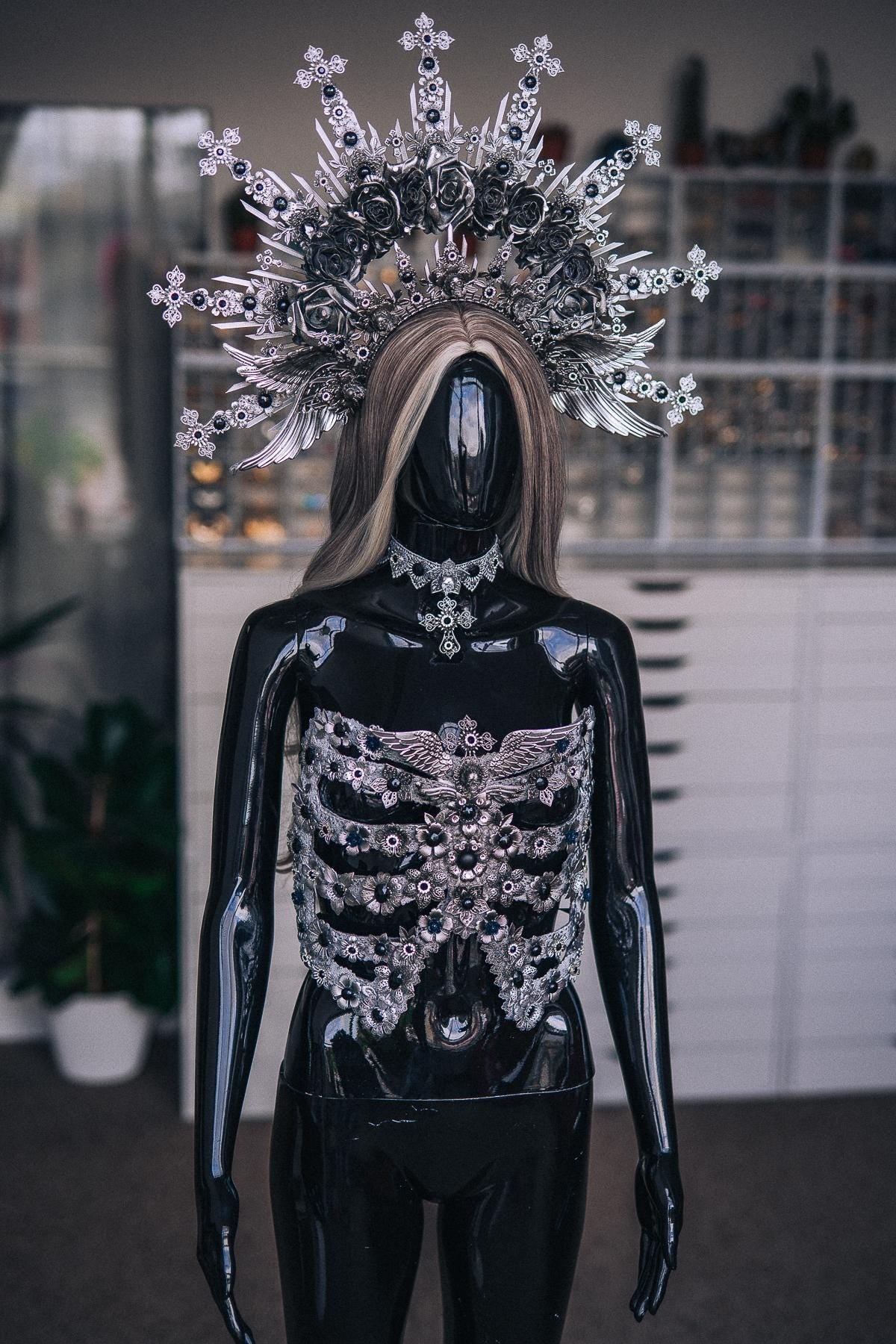 Fallen Angel Rib Cage Corset, Silver Gothic Body Armor, Dark Fantasy Halloween Costume