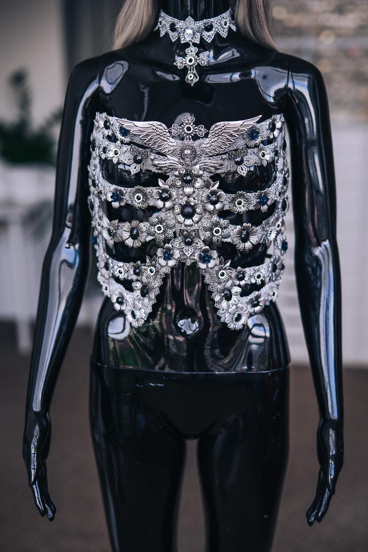 Fallen Angel Rib Cage Corset, Silver Gothic Body Armor, Dark Fantasy Halloween Costume