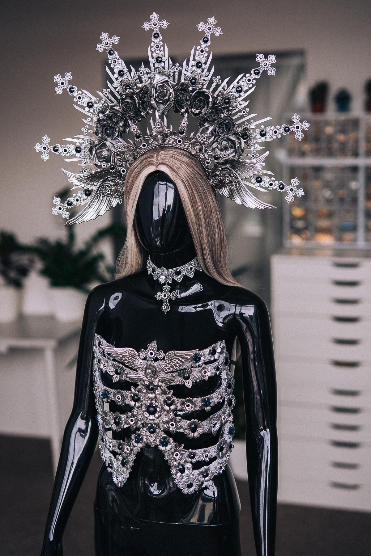 Fallen Angel Crown, Gothic Silver Halo Headpiece, Dark Angel Costume Crown, Black Fantasy Headdress