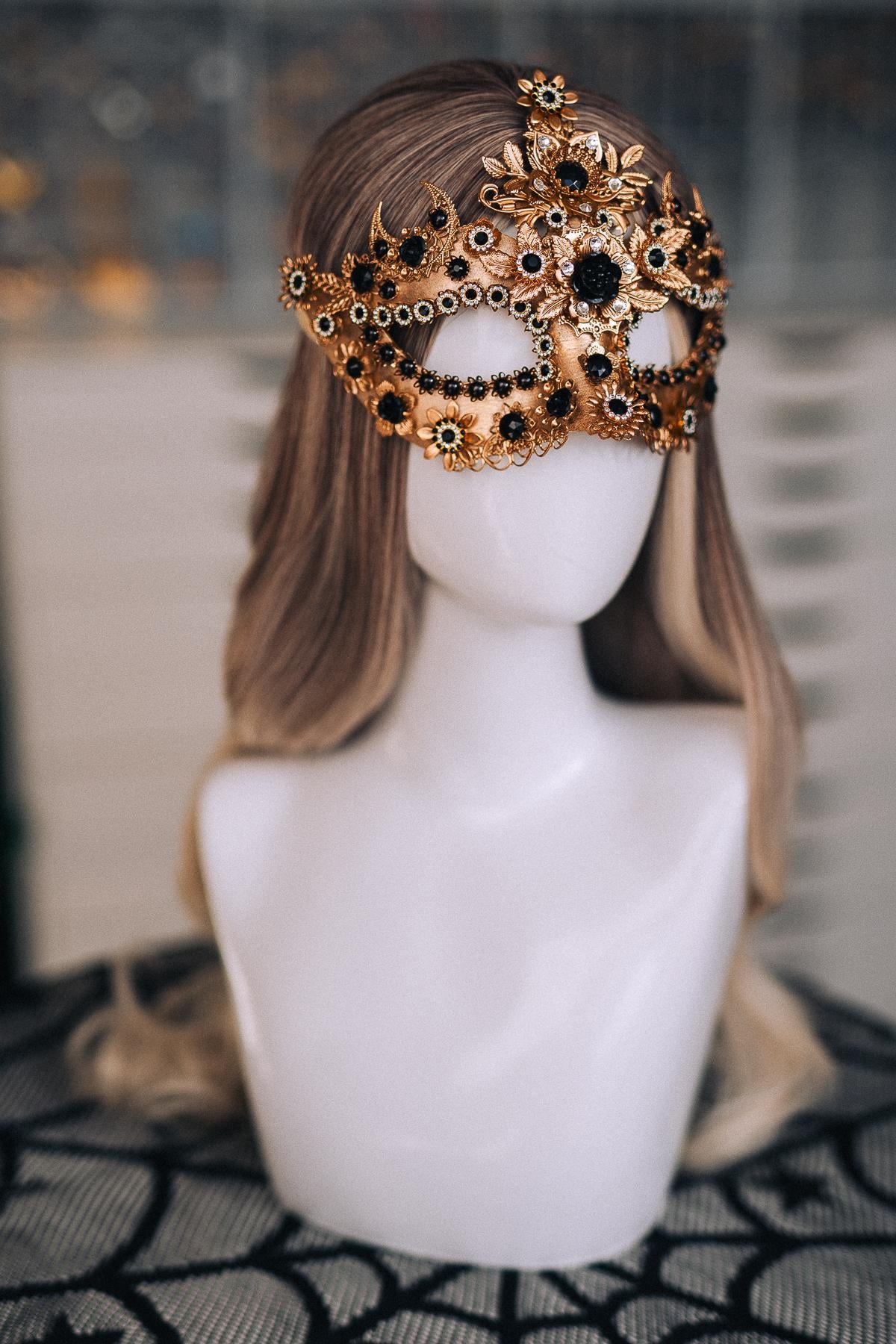 Gold Masquerade Mask with Black Jewels, Baroque Venetian Style