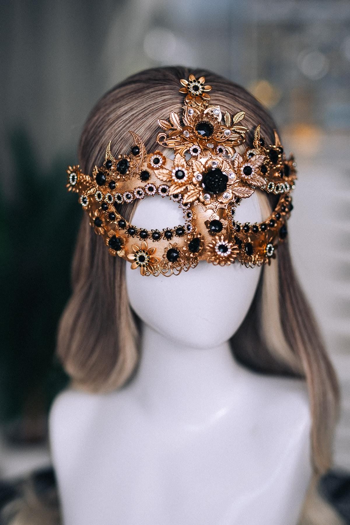 Gold Masquerade Mask with Black Jewels, Baroque Venetian Style