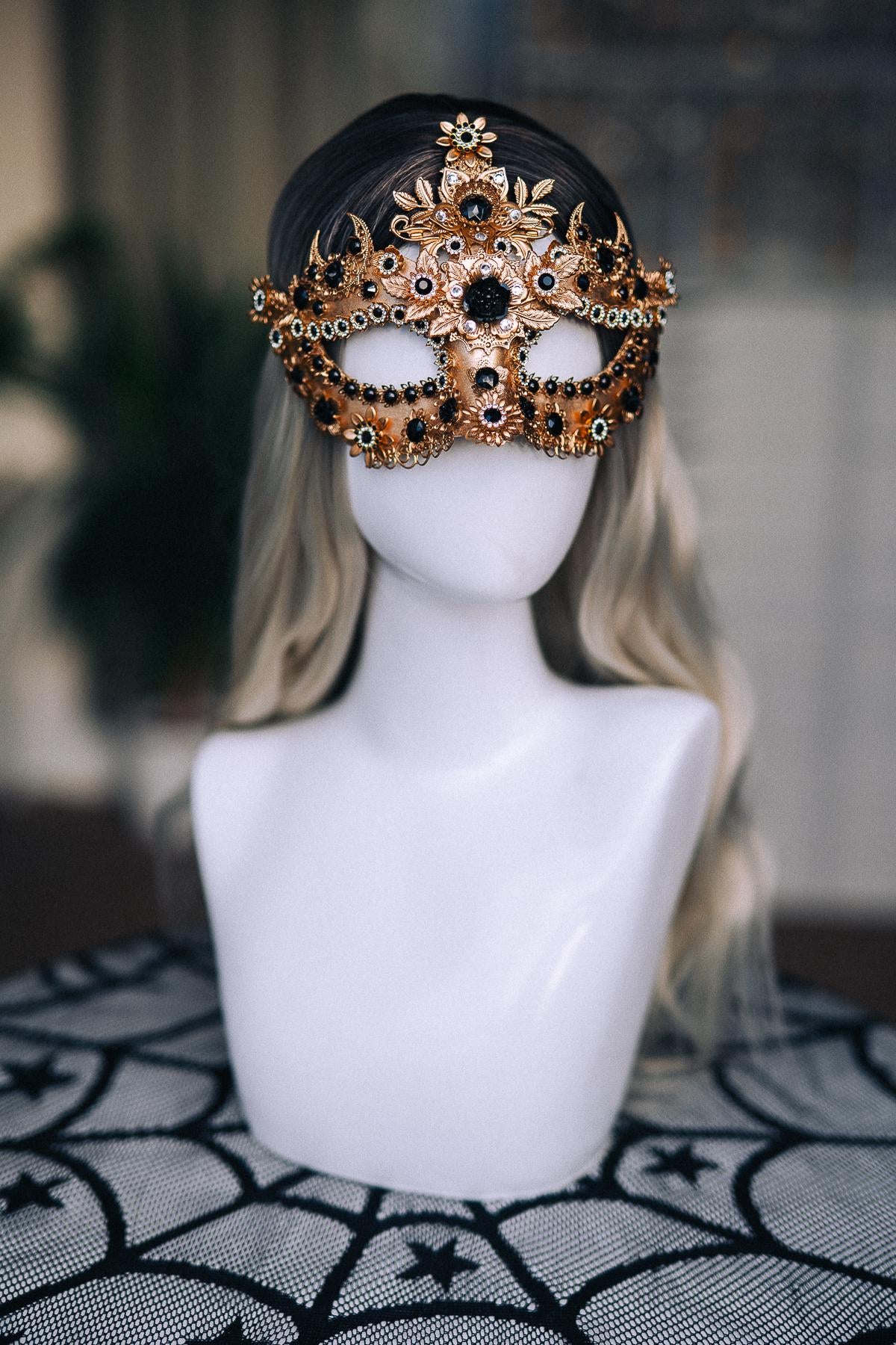 Gold Masquerade Mask with Black Jewels, Baroque Venetian Style