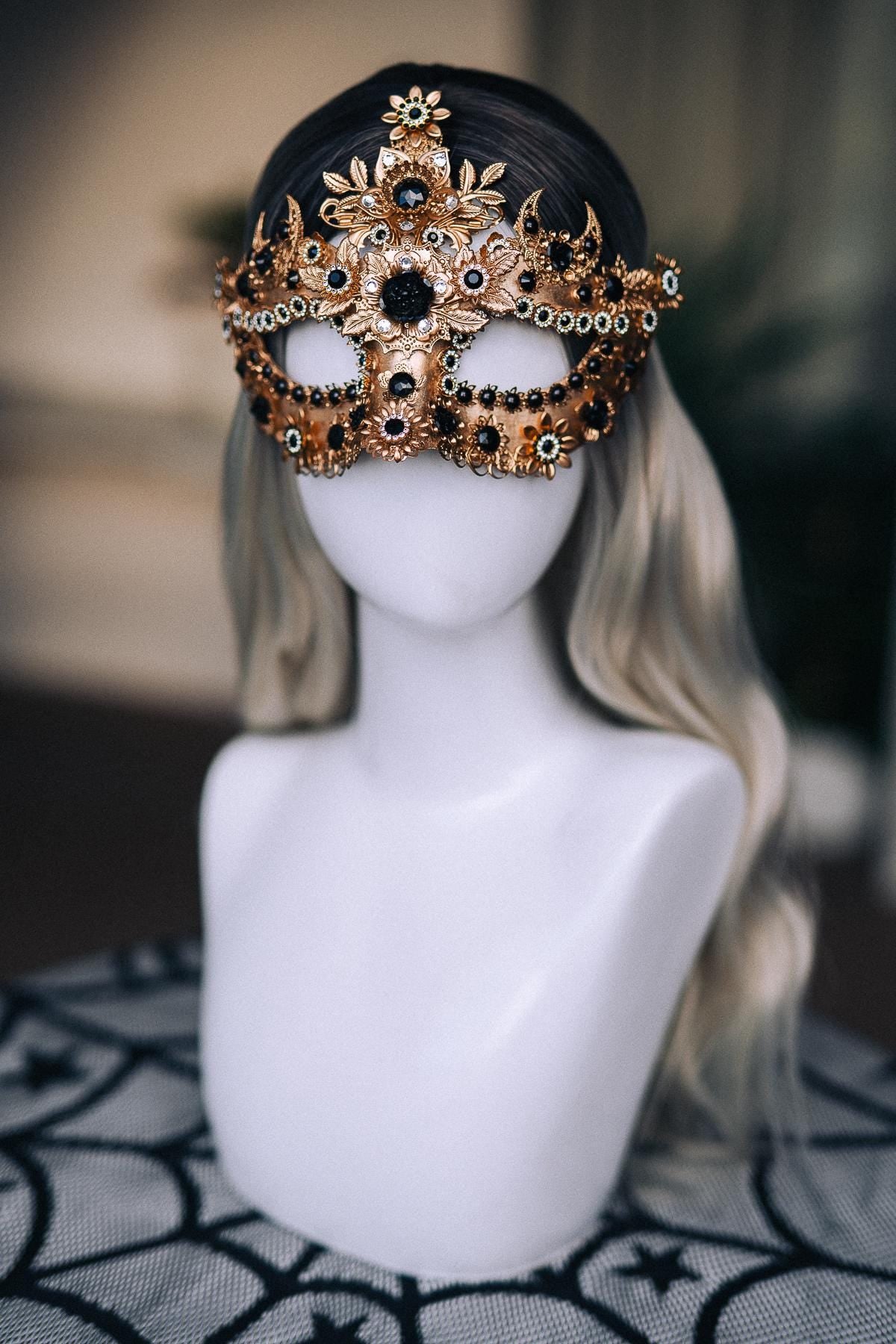 Gold Masquerade Mask with Black Jewels, Baroque Venetian Style
