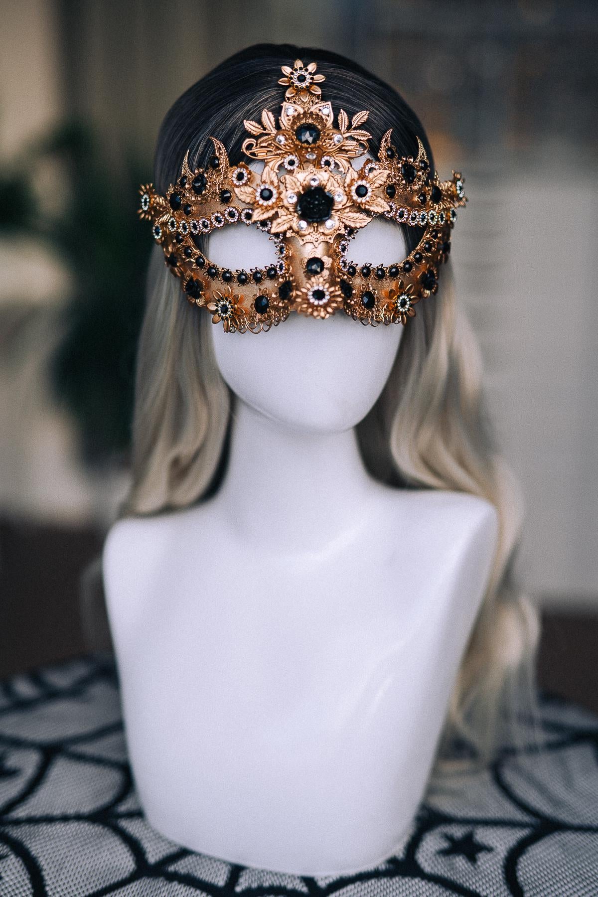 Gold Masquerade Mask with Black Jewels, Baroque Venetian Style