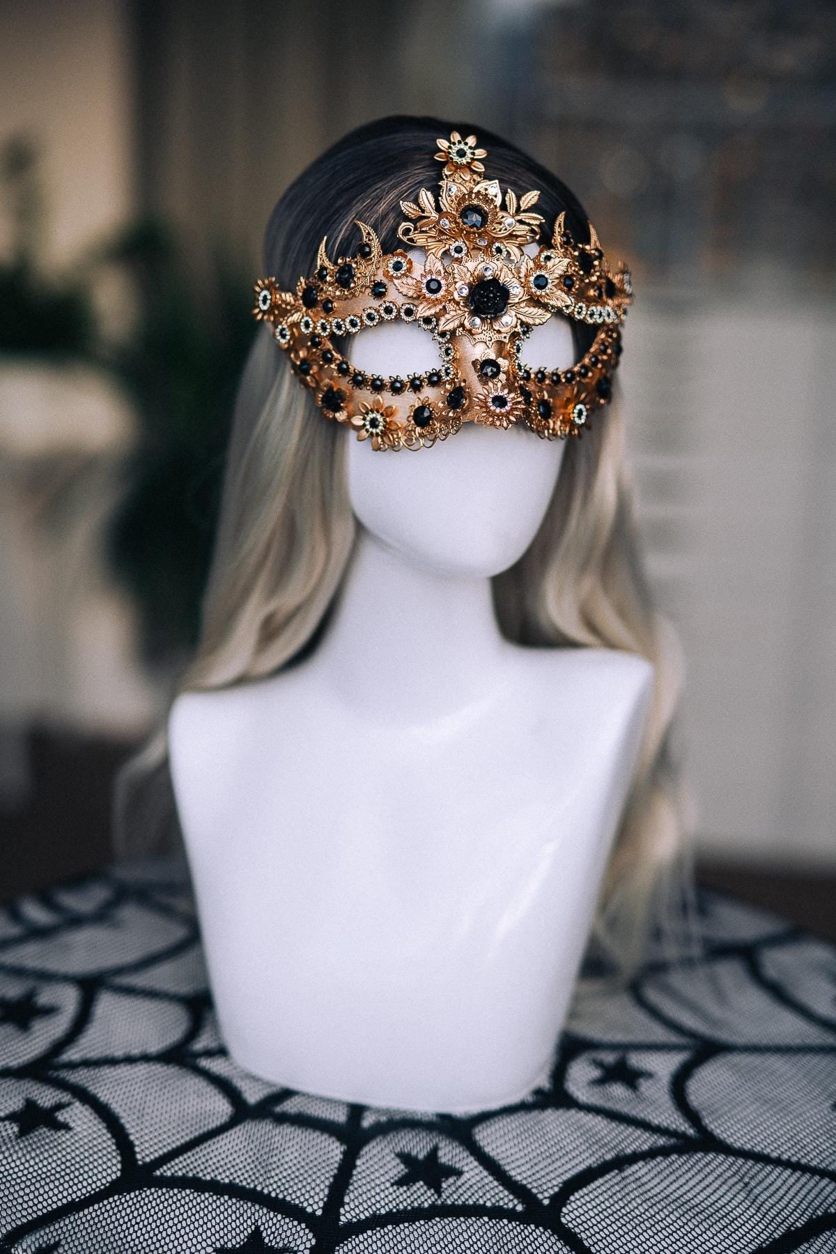 Gold Masquerade Mask with Black Jewels, Baroque Venetian Style